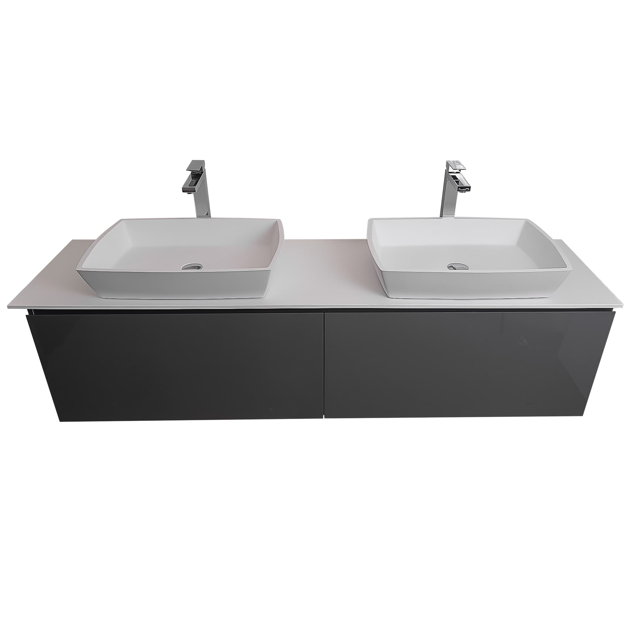 Venice 63 Anthracite High Gloss Cabinet, Solid Surface Flat White Counter And Two Square Solid Surface White Basin 1316, Wall Mounted Modern Vanity Set
