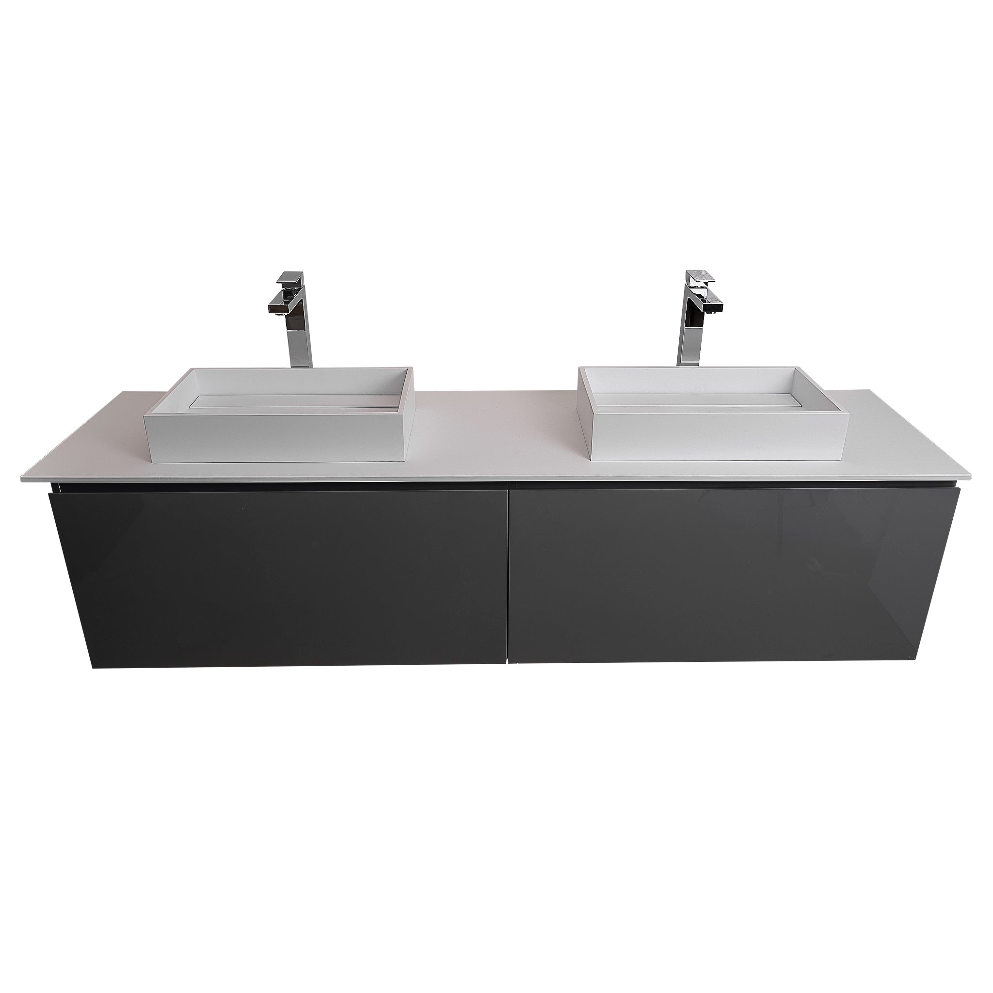 Venice 63 Anthracite High Gloss Cabinet, Solid Surface Flat White Counter And Two Two Infinity Square Solid Surface White Basin 1329, Wall Mounted Modern Vanity Set