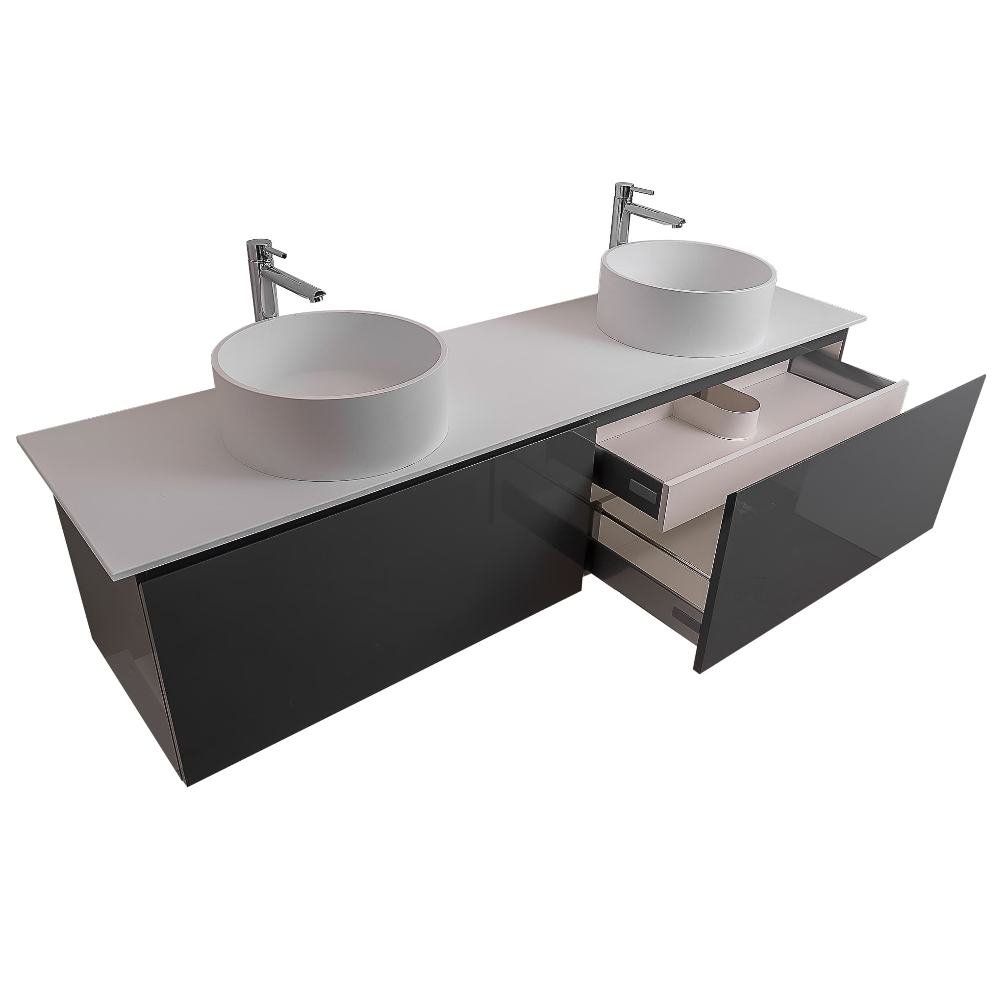 Venice 63 Anthracite High Gloss Cabinet, Solid Surface Flat White Counter And Two Round Solid Surface White Basin 1386, Wall Mounted Modern Vanity Set