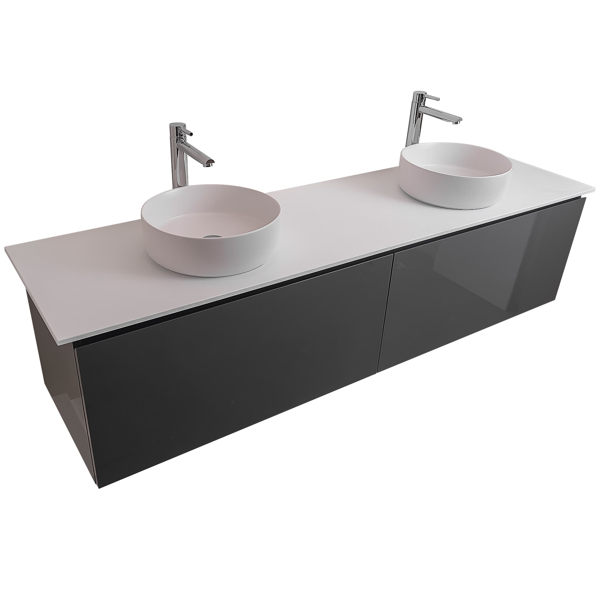Venice 63 Anthracite High Gloss Cabinet,  Ares White Top And Two Ares White Ceramic Basin, Wall Mounted Modern Vanity Set