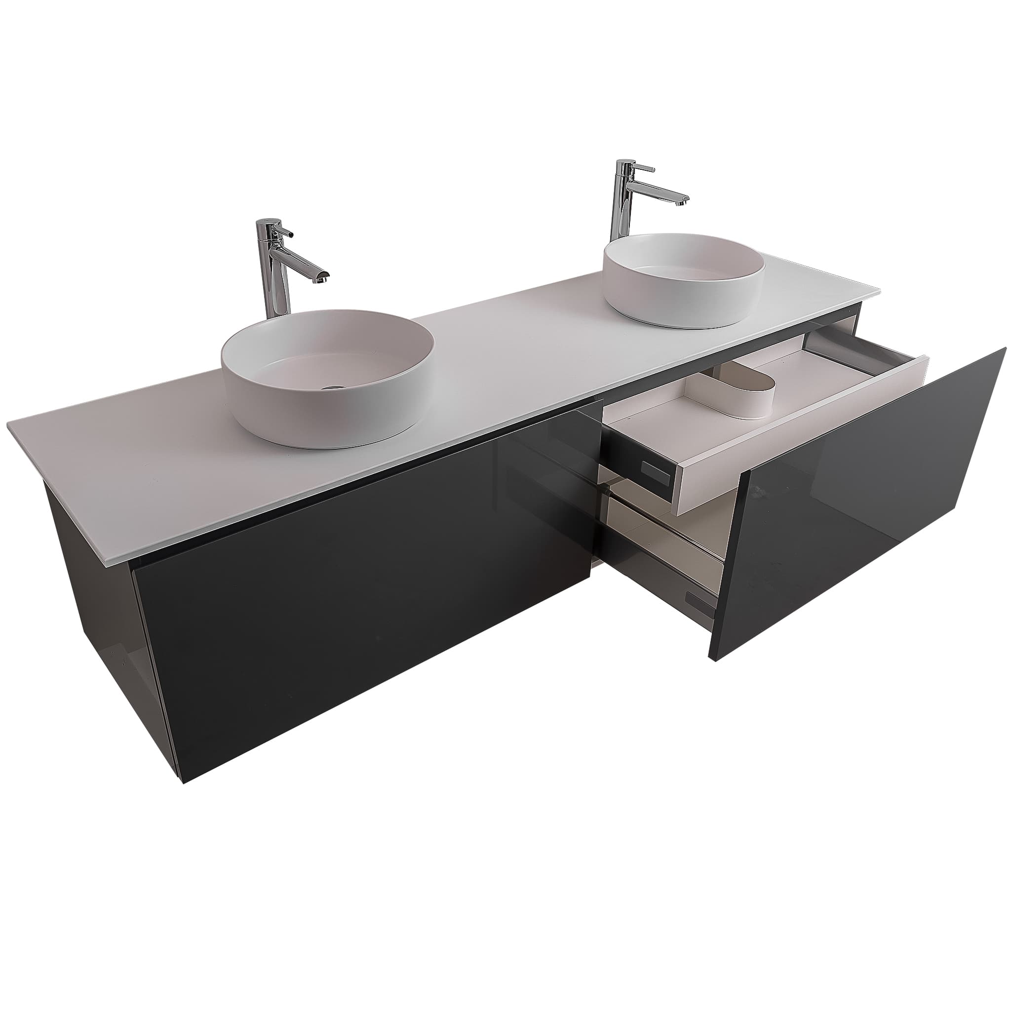 Venice 63 Anthracite High Gloss Cabinet,  Ares White Top And Two Ares White Ceramic Basin, Wall Mounted Modern Vanity Set