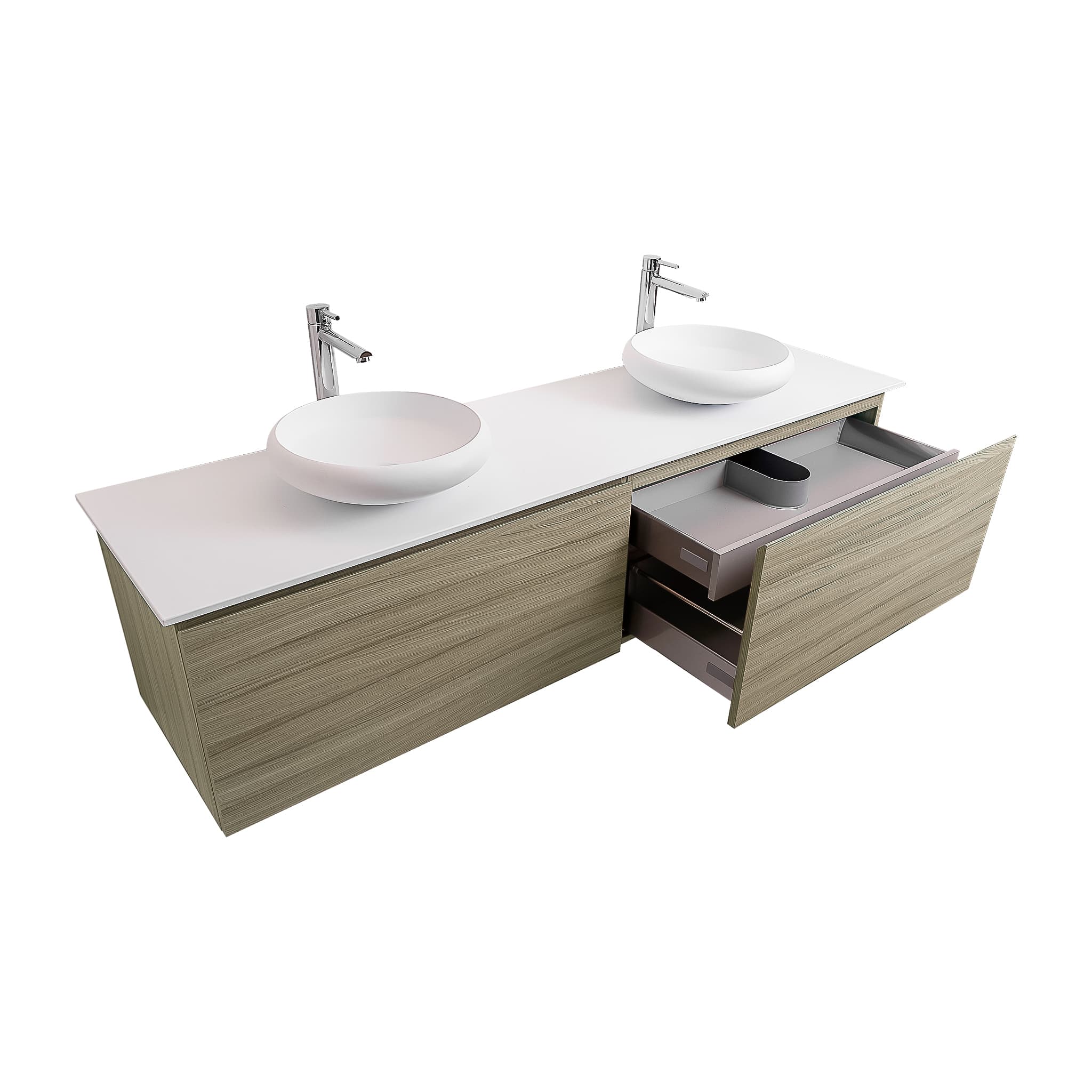 Venice 63 Nilo Grey Wood Texture Cabinet, Solid Surface Flat White Counter And Two Round Solid Surface White Basin 1153, Wall Mounted Modern Vanity Set