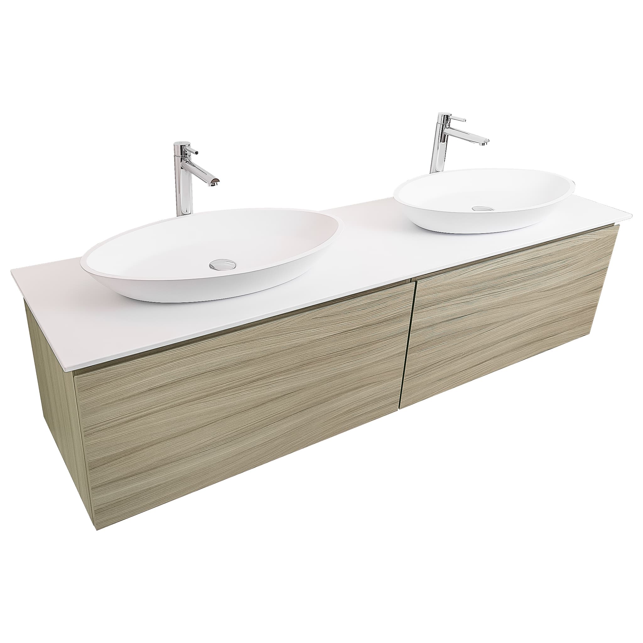 Venice 63 Nilo Grey Wood Texture Cabinet, Solid Surface Flat White Counter And Two Oval Solid Surface White Basin 1305, Wall Mounted Modern Vanity Set