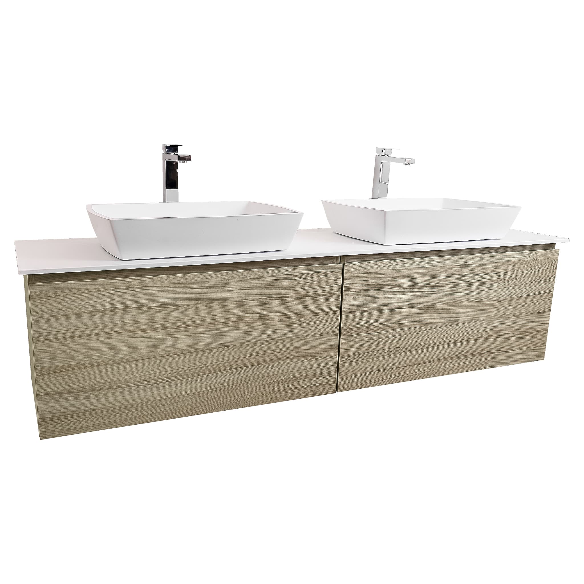 Venice 63 Nilo Grey Wood Texture Cabinet, Solid Surface Flat White Counter And Two Square Solid Surface White Basin 1316, Wall Mounted Modern Vanity Set