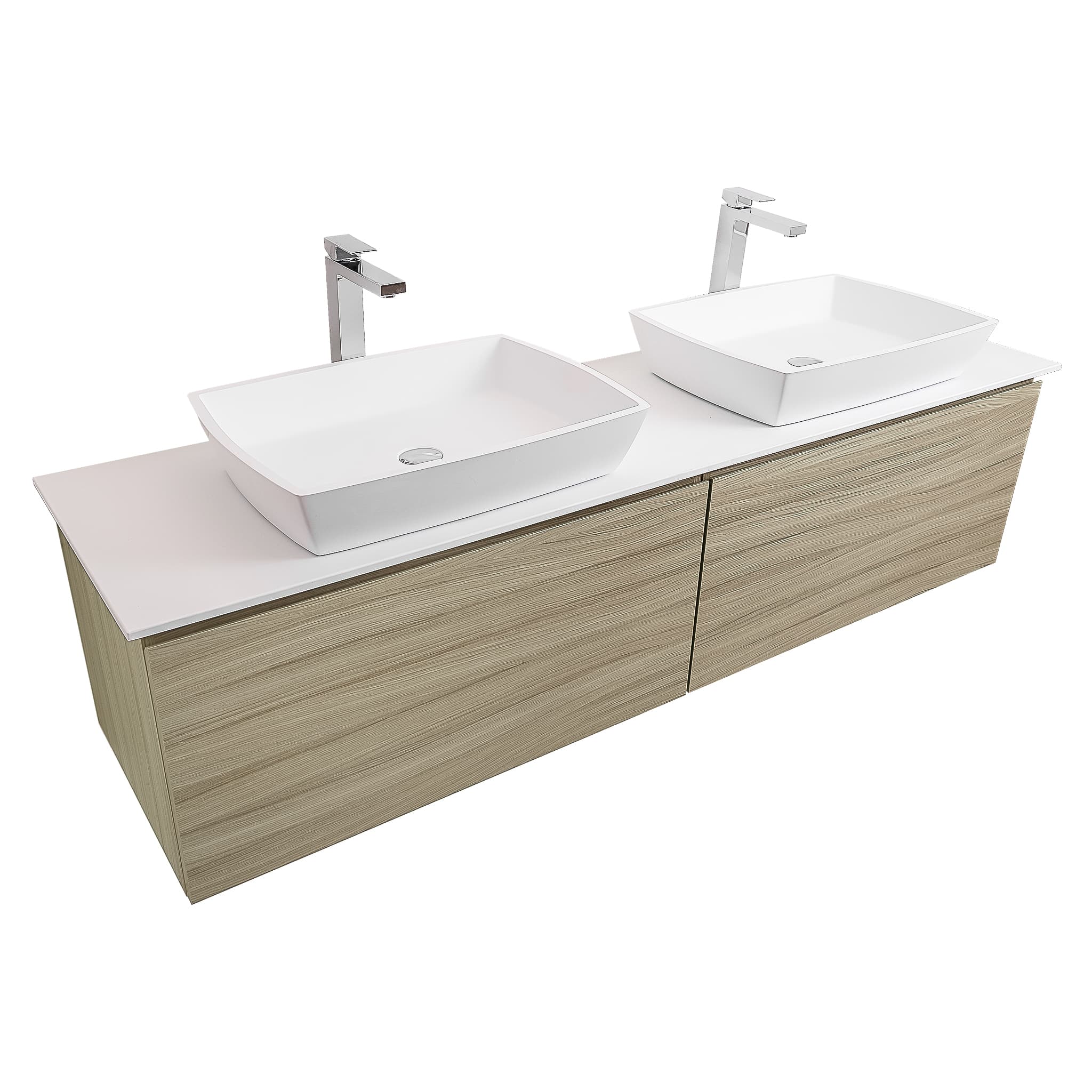 Venice 63 Nilo Grey Wood Texture Cabinet, Solid Surface Flat White Counter And Two Square Solid Surface White Basin 1316, Wall Mounted Modern Vanity Set