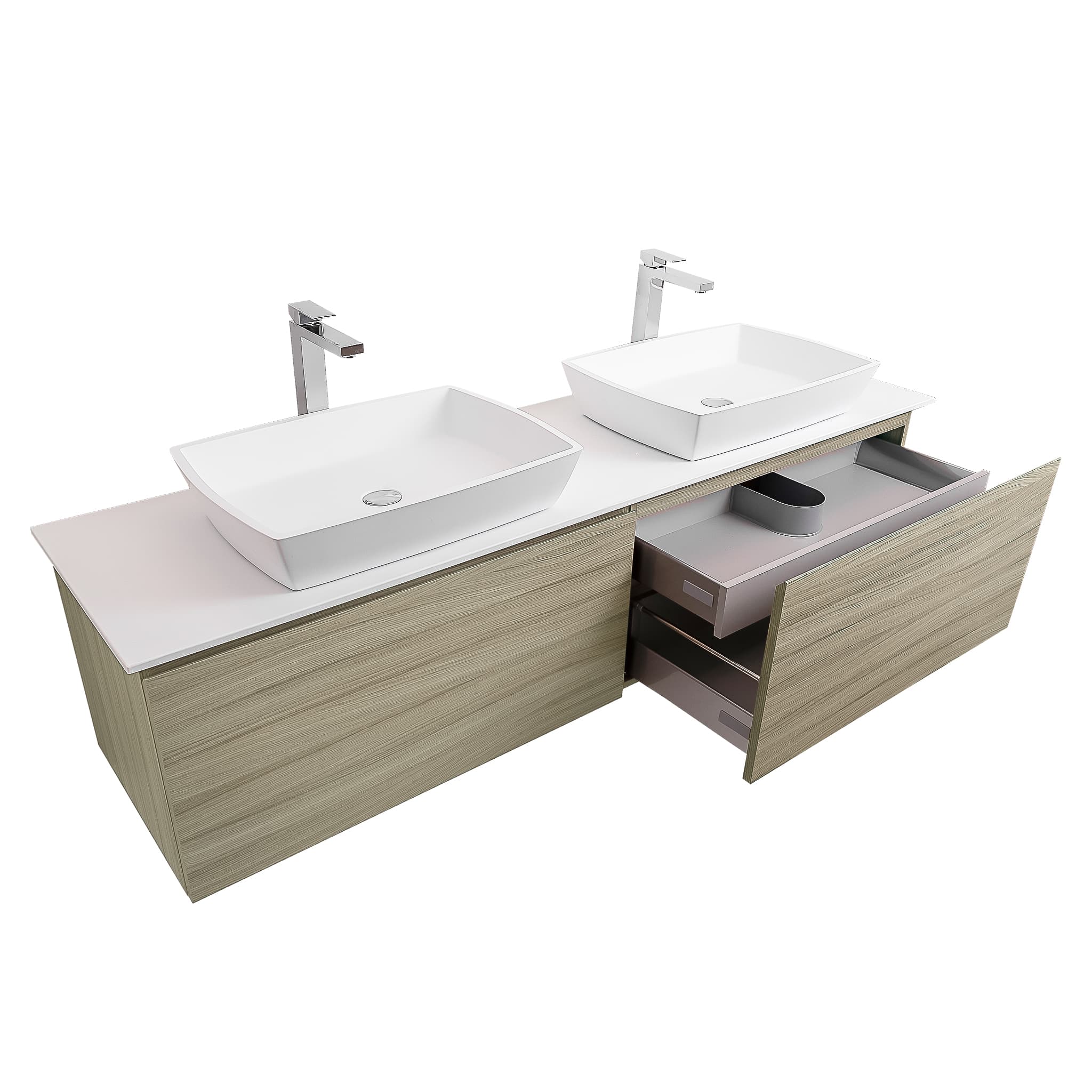 Venice 63 Nilo Grey Wood Texture Cabinet, Solid Surface Flat White Counter And Two Square Solid Surface White Basin 1316, Wall Mounted Modern Vanity Set