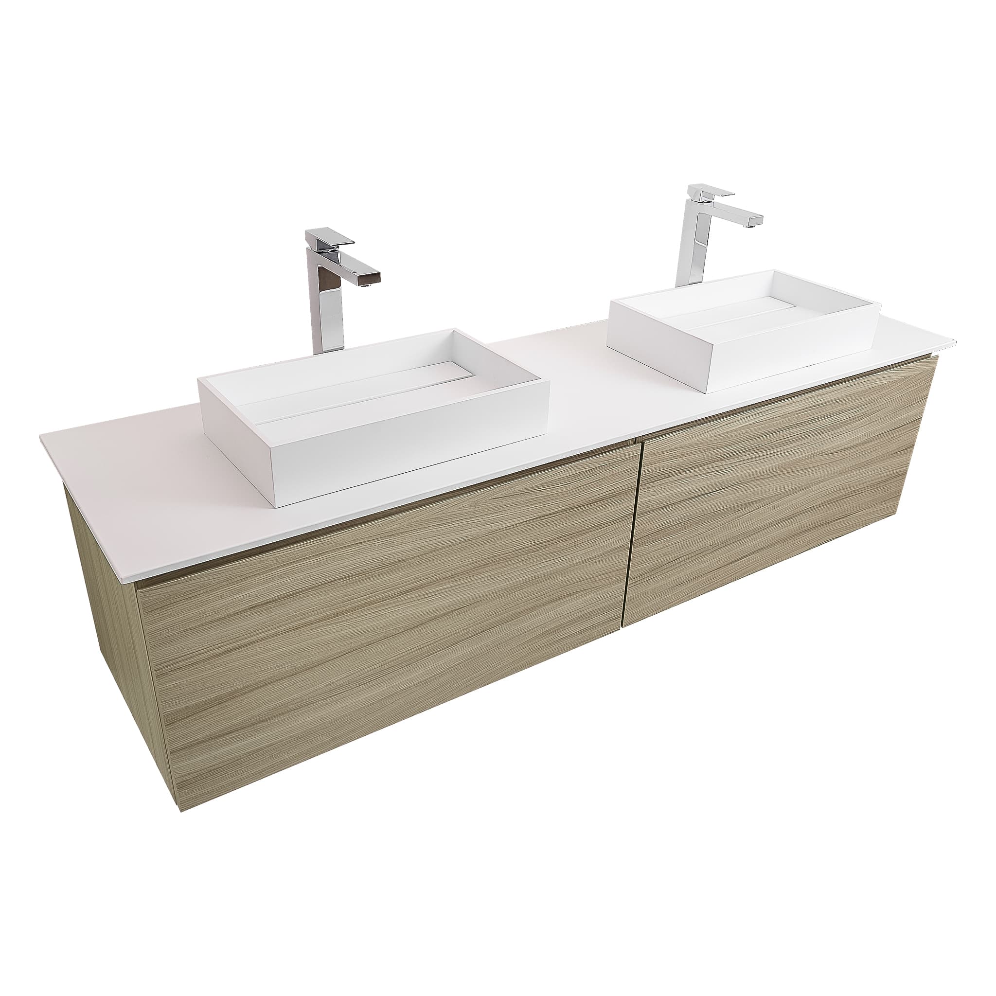 Venice 63 Nilo Grey Wood Texture Cabinet, Solid Surface Flat White Counter And Two Two Infinity Square Solid Surface White Basin 1329, Wall Mounted Modern Vanity Set