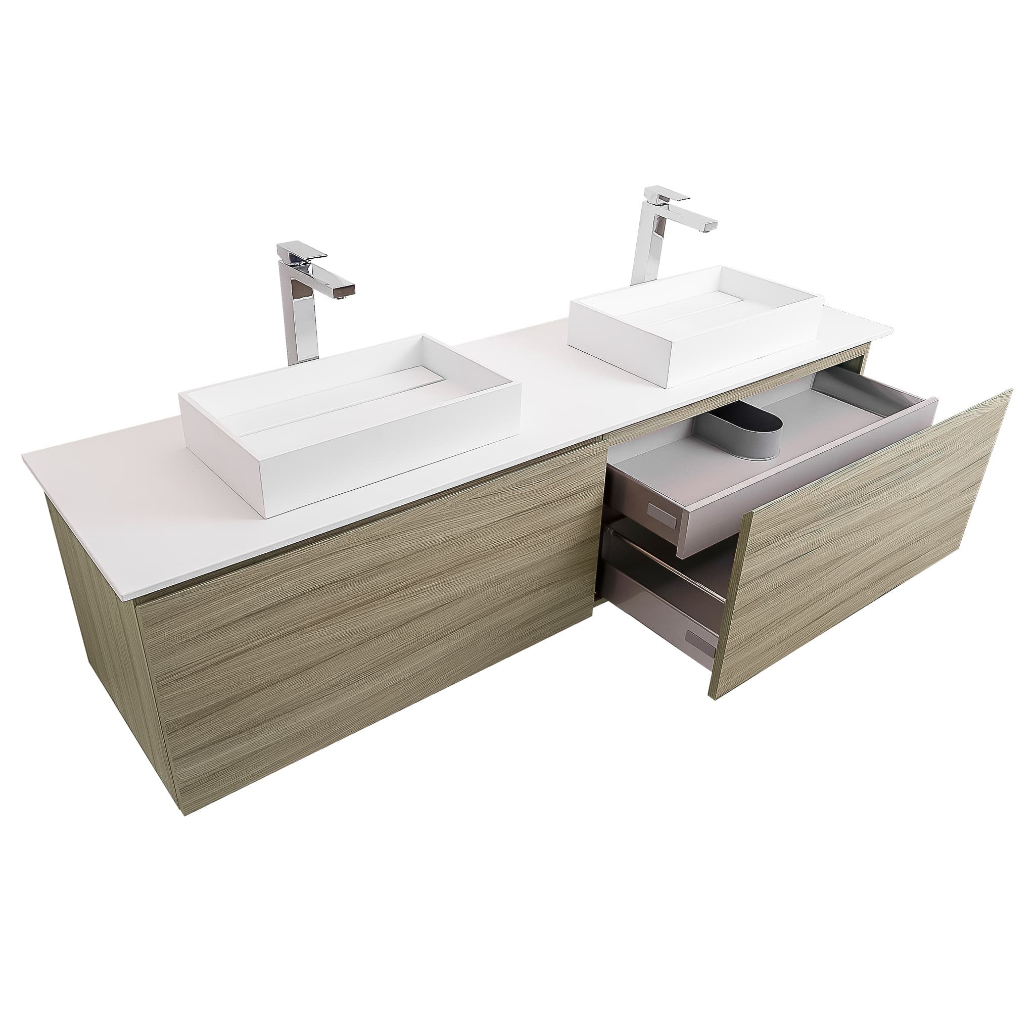 Venice 63 Nilo Grey Wood Texture Cabinet, Solid Surface Flat White Counter And Two Two Infinity Square Solid Surface White Basin 1329, Wall Mounted Modern Vanity Set