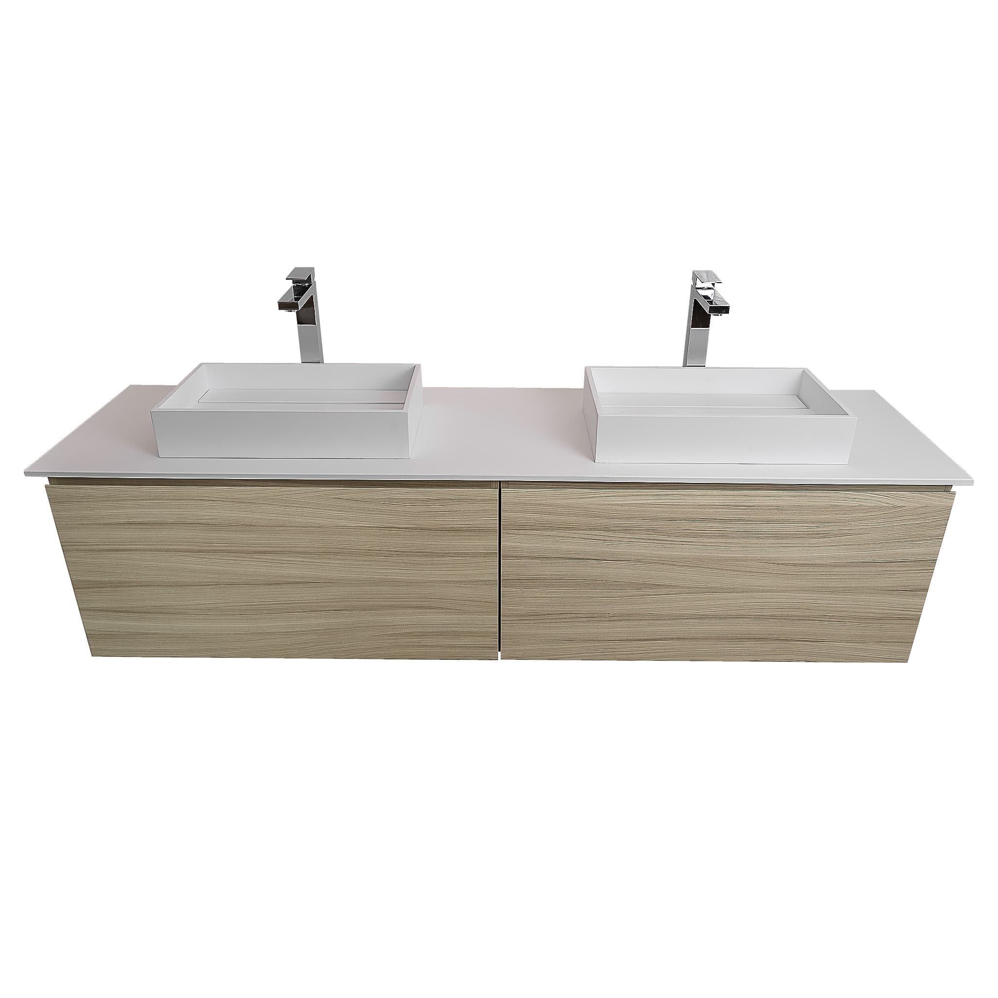 Venice 63 Nilo Grey Wood Texture Cabinet, Solid Surface Flat White Counter And Two Two Infinity Square Solid Surface White Basin 1329, Wall Mounted Modern Vanity Set