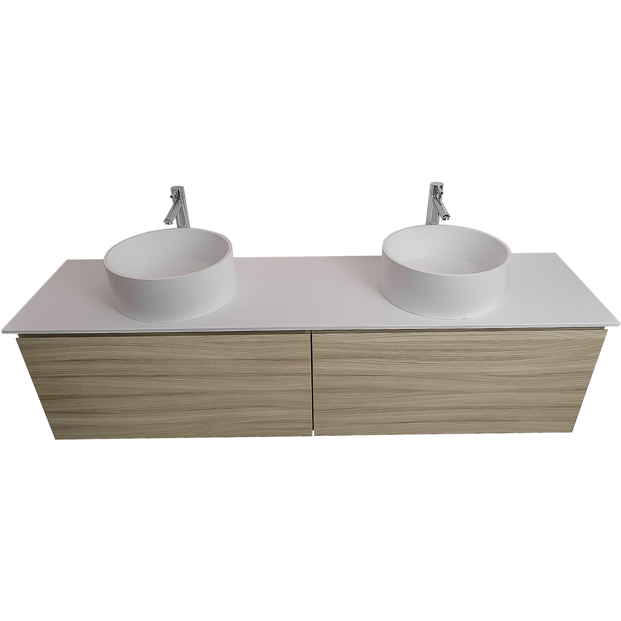 Venice 63 Nilo Grey Wood Texture Cabinet, Solid Surface Flat White Counter And Two Round Solid Surface White Basin 1386, Wall Mounted Modern Vanity Set