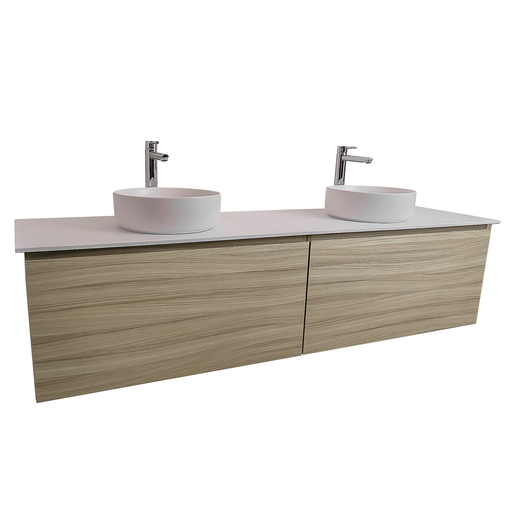 Venice 63 Nilo Grey Wood Texture Cabinet, Ares White Top And Two Ares White Ceramic Basin, Wall Mounted Modern Vanity Set