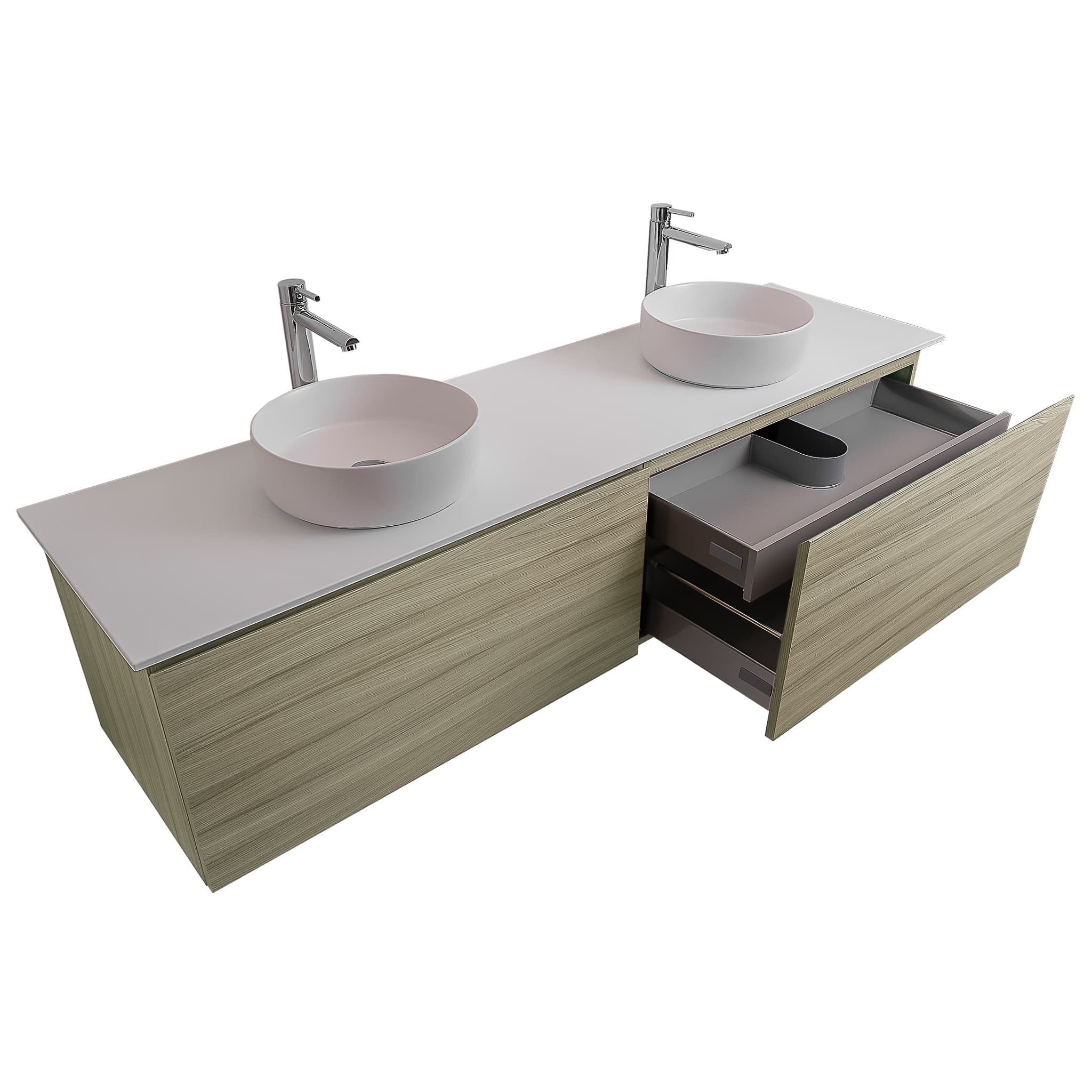 Venice 63 Nilo Grey Wood Texture Cabinet, Ares White Top And Two Ares White Ceramic Basin, Wall Mounted Modern Vanity Set