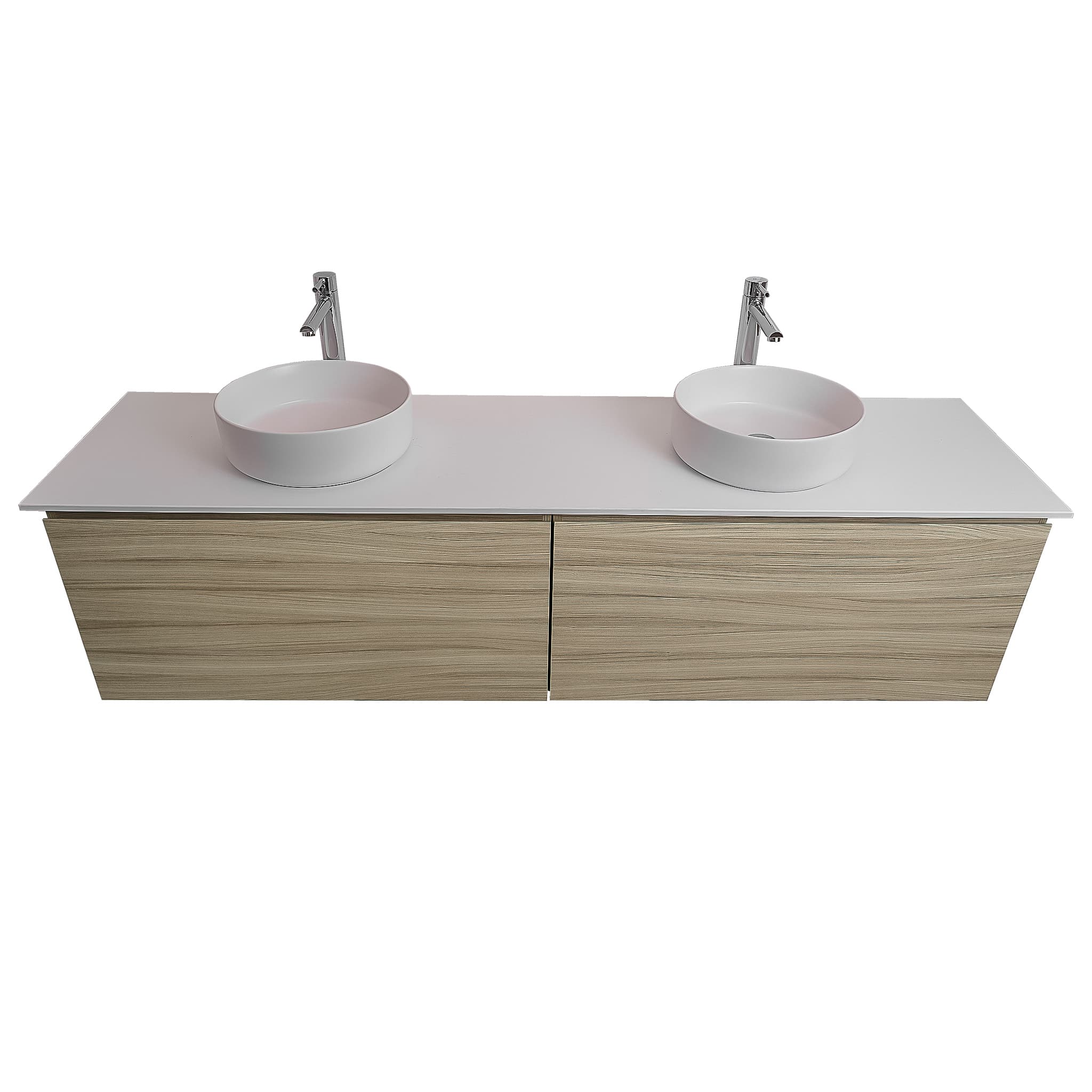 Venice 63 Nilo Grey Wood Texture Cabinet, Ares White Top And Two Ares White Ceramic Basin, Wall Mounted Modern Vanity Set