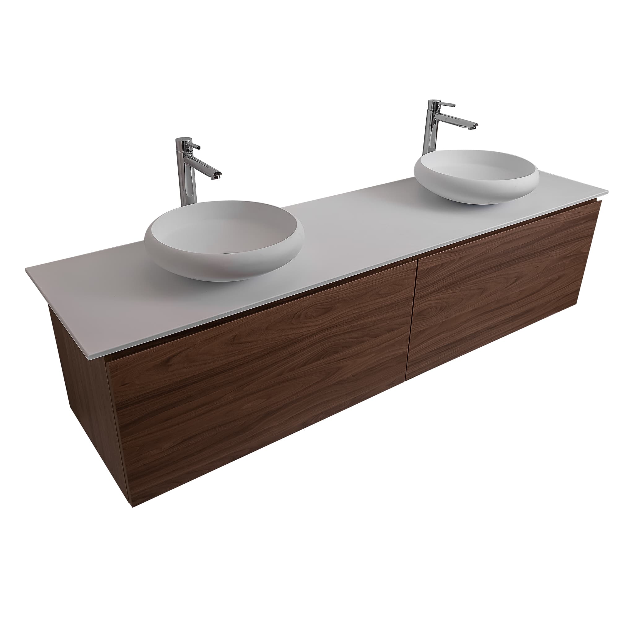 Venice 63 Walnut Wood Texture Cabinet, Solid Surface Flat White Counter And Two Round Solid Surface White Basin 1153, Wall Mounted Modern Vanity Set
