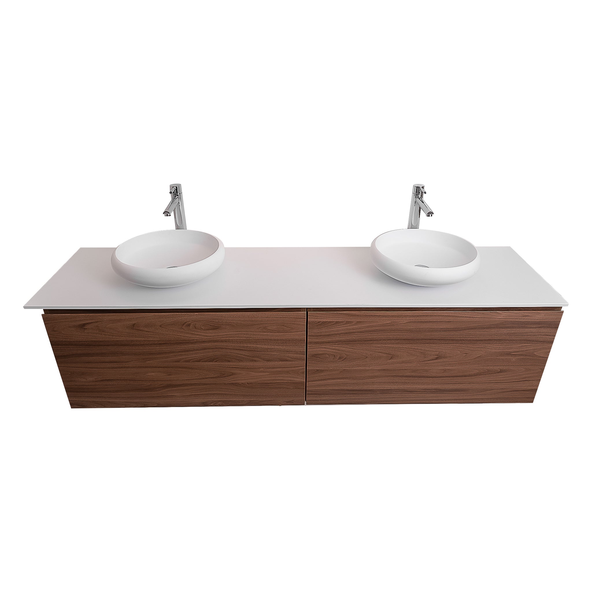 Venice 63 Walnut Wood Texture Cabinet, Solid Surface Flat White Counter And Two Round Solid Surface White Basin 1153, Wall Mounted Modern Vanity Set