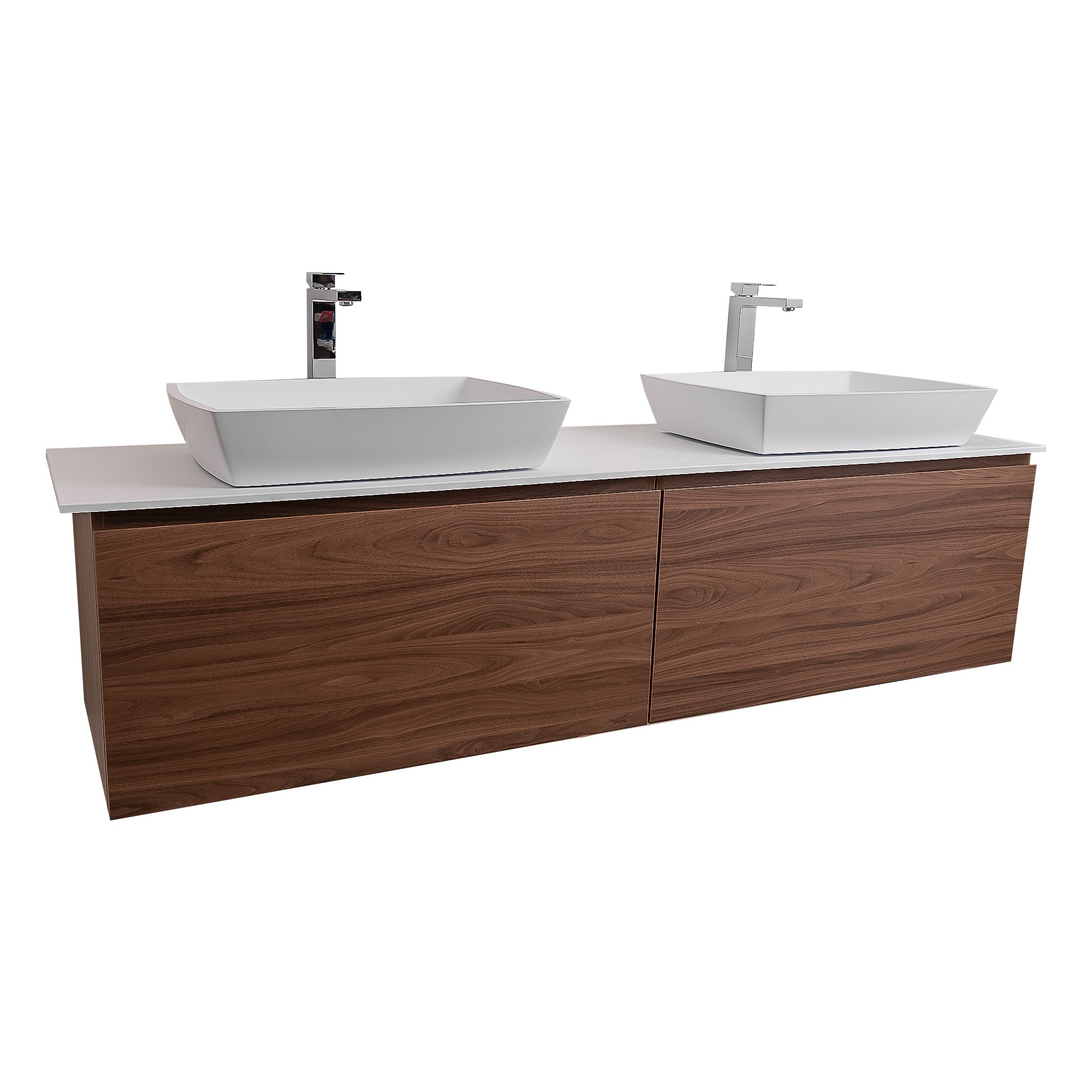 Venice 63 Walnut Wood Texture Cabinet, Solid Surface Flat White Counter And Two Square Solid Surface White Basin 1316, Wall Mounted Modern Vanity Set