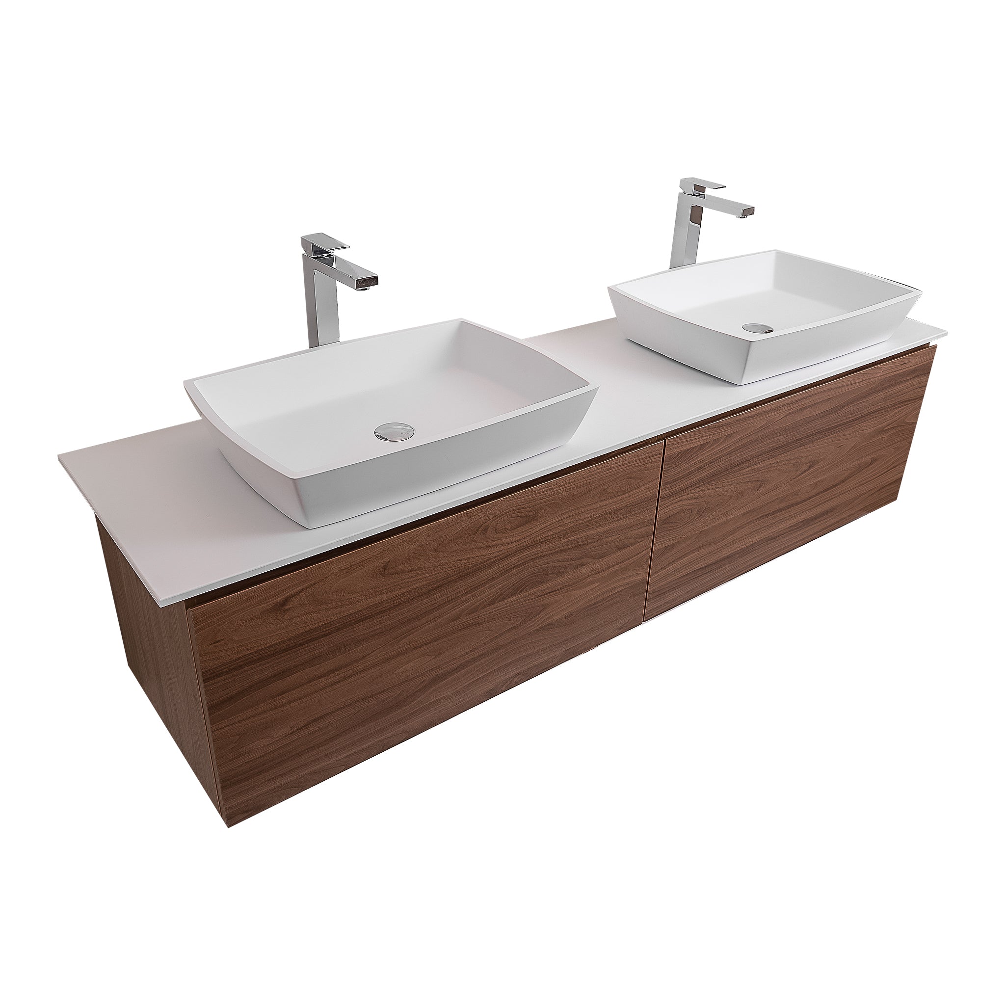 Venice 63 Walnut Wood Texture Cabinet, Solid Surface Flat White Counter And Two Square Solid Surface White Basin 1316, Wall Mounted Modern Vanity Set