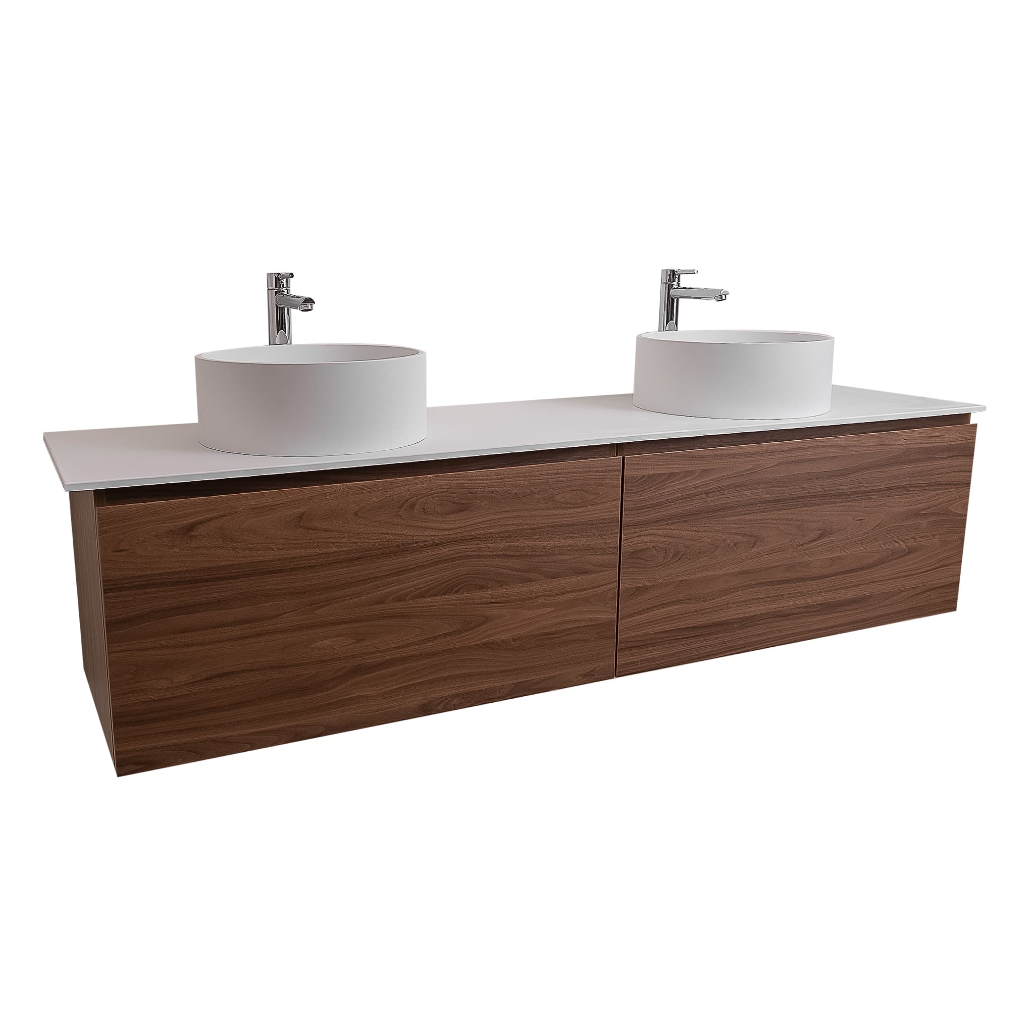 Venice 63 Walnut Wood Texture Cabinet, Solid Surface Flat White Counter And Two Round Solid Surface White Basin 1386, Wall Mounted Modern Vanity Set