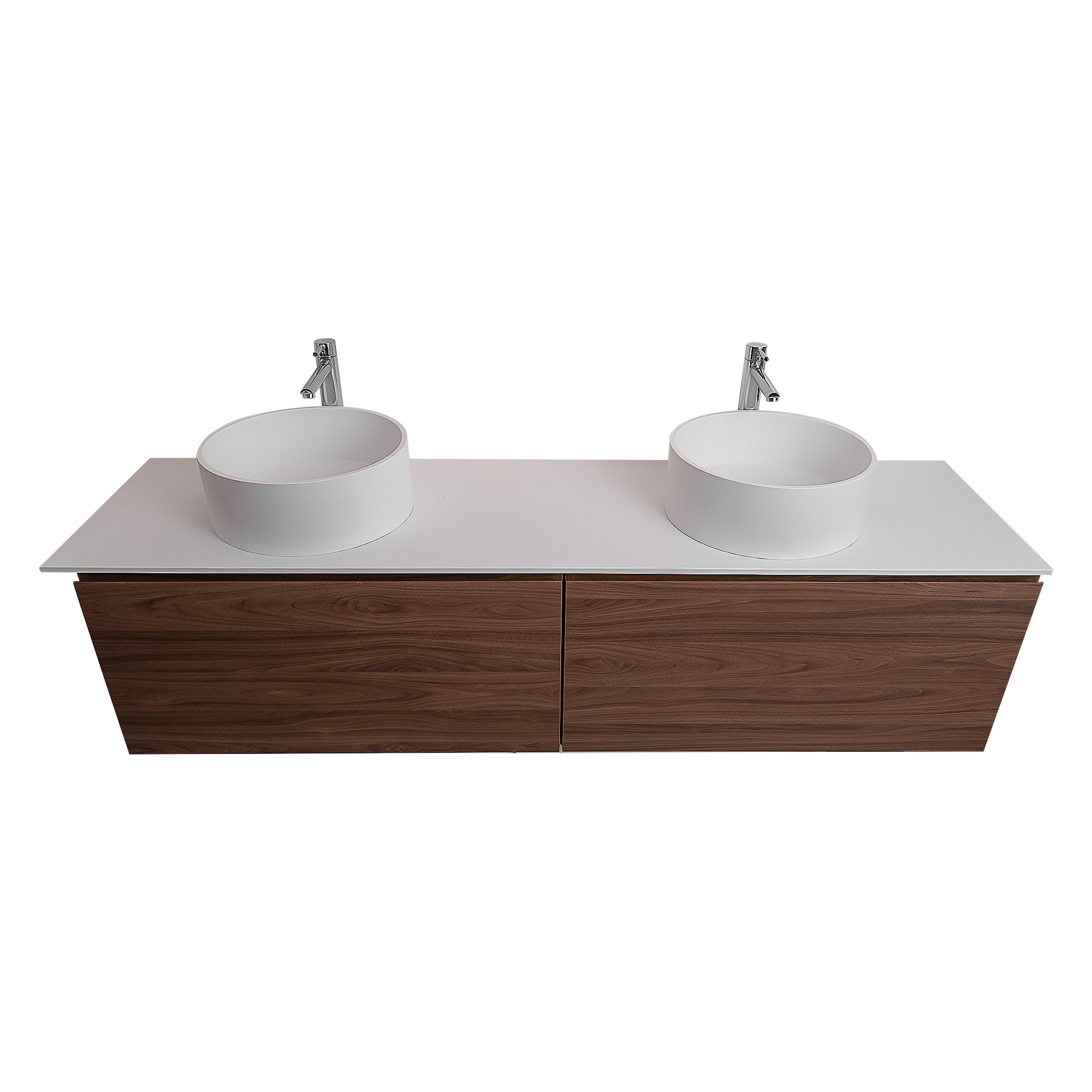 Venice 63 Walnut Wood Texture Cabinet, Solid Surface Flat White Counter And Two Round Solid Surface White Basin 1386, Wall Mounted Modern Vanity Set