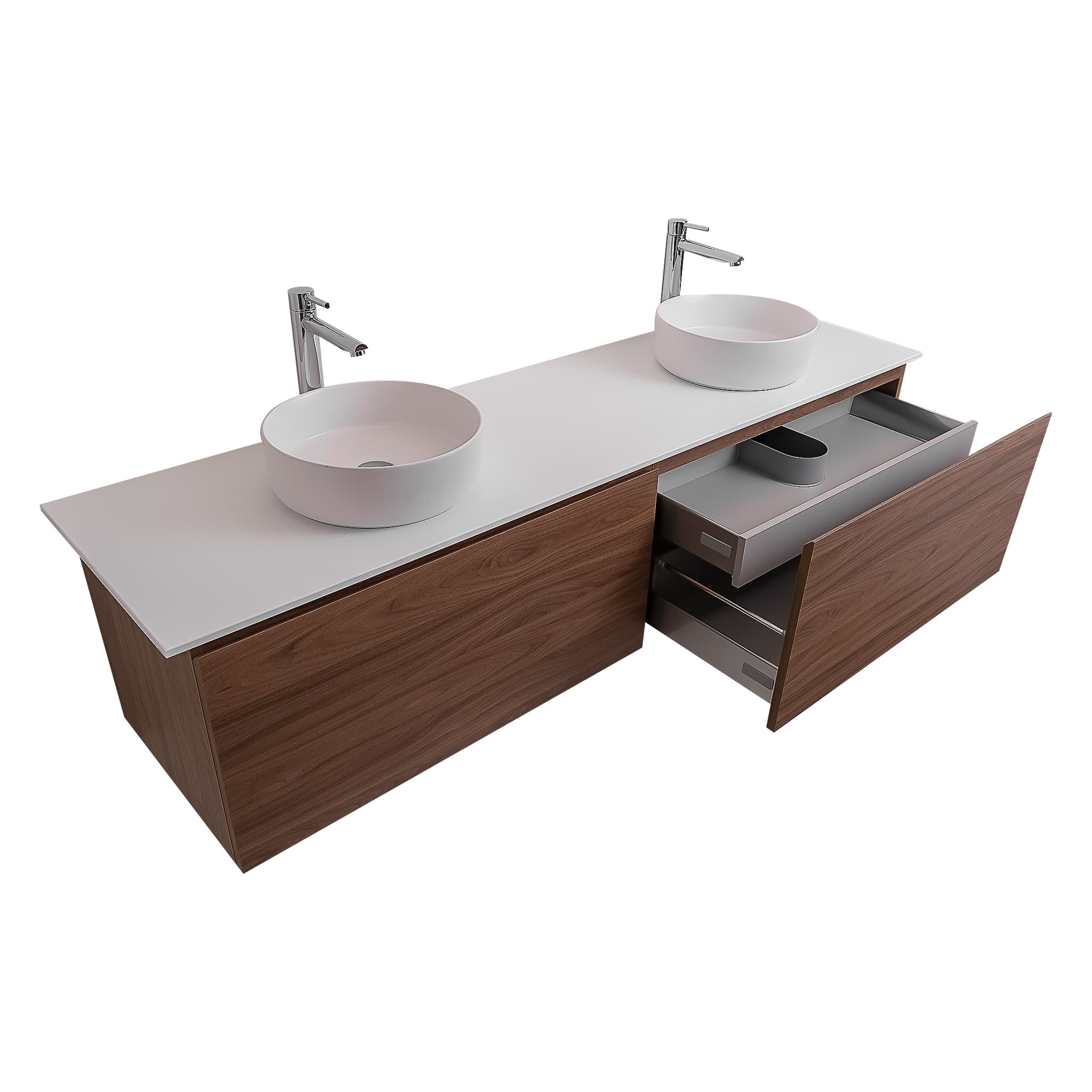 Venice 63 Walnut Wood Texture Cabinet, Ares White Top And Two Ares White Ceramic Basin, Wall Mounted Modern Vanity Set