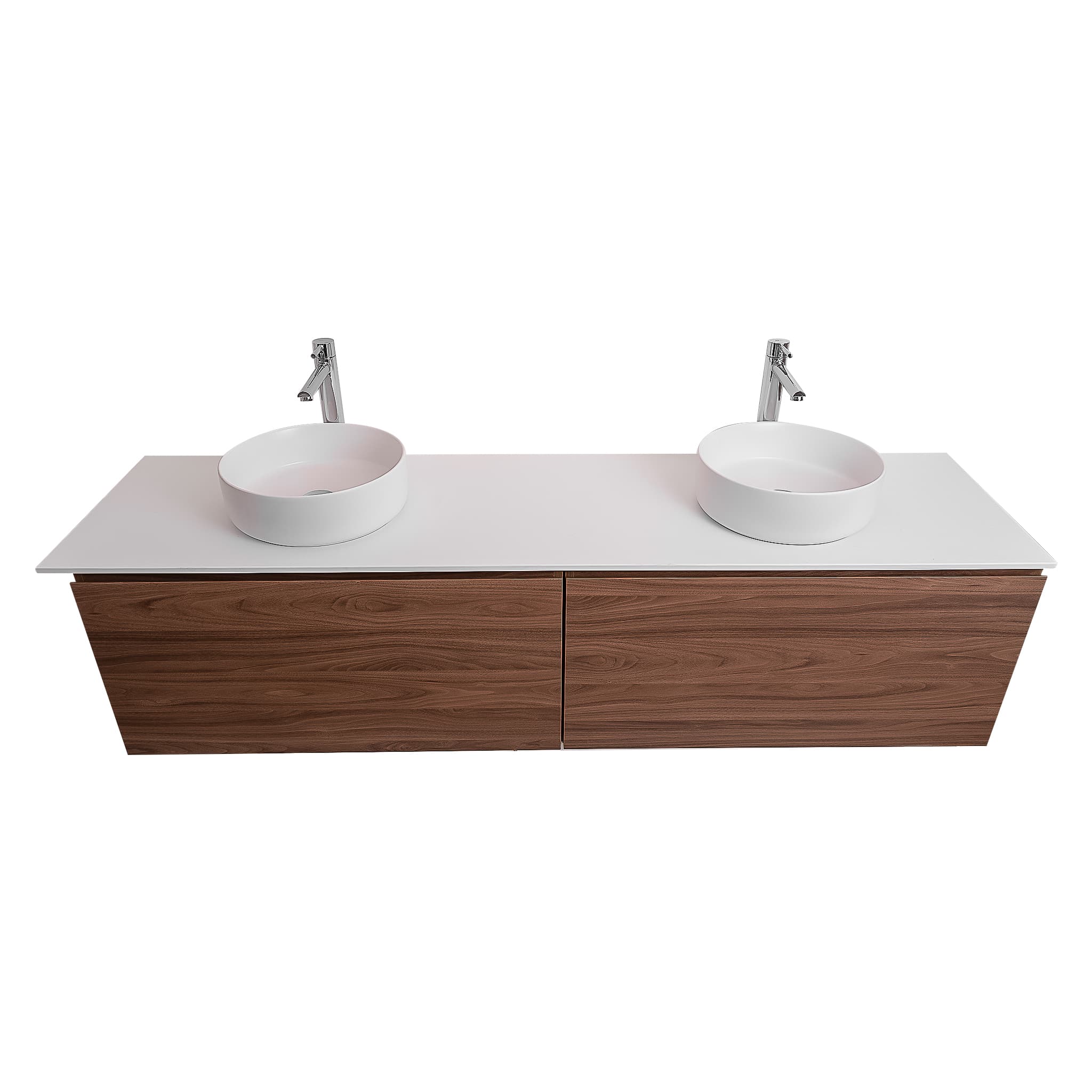 Venice 63 Walnut Wood Texture Cabinet, Ares White Top And Two Ares White Ceramic Basin, Wall Mounted Modern Vanity Set