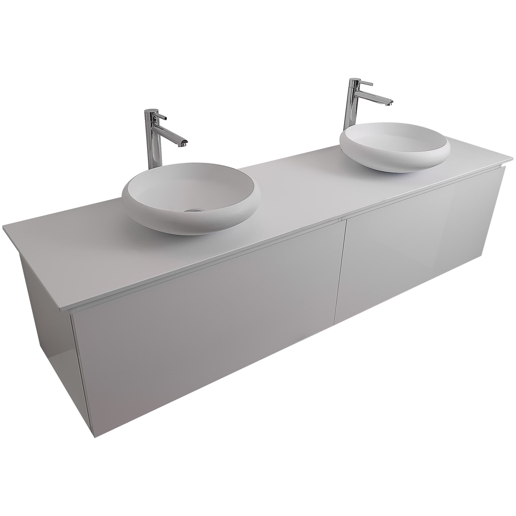Venice 63 White High Gloss Cabinet, Solid Surface Flat White Counter And Two Round Solid Surface White Basin 1153, Wall Mounted Modern Vanity Set