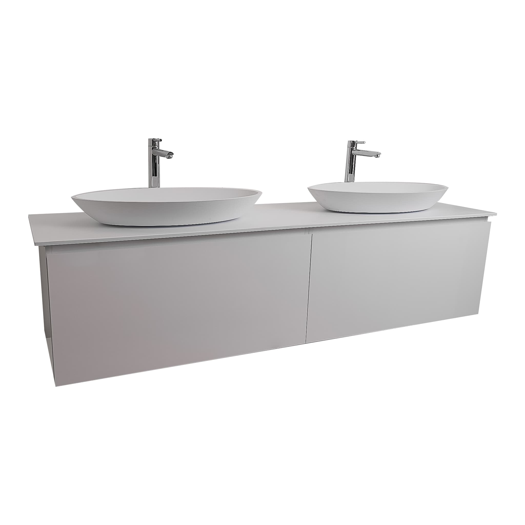 Venice 63 White High Gloss Cabinet, Solid Surface Flat White Counter And Two Oval Solid Surface White Basin 1305, Wall Mounted Modern Vanity Set