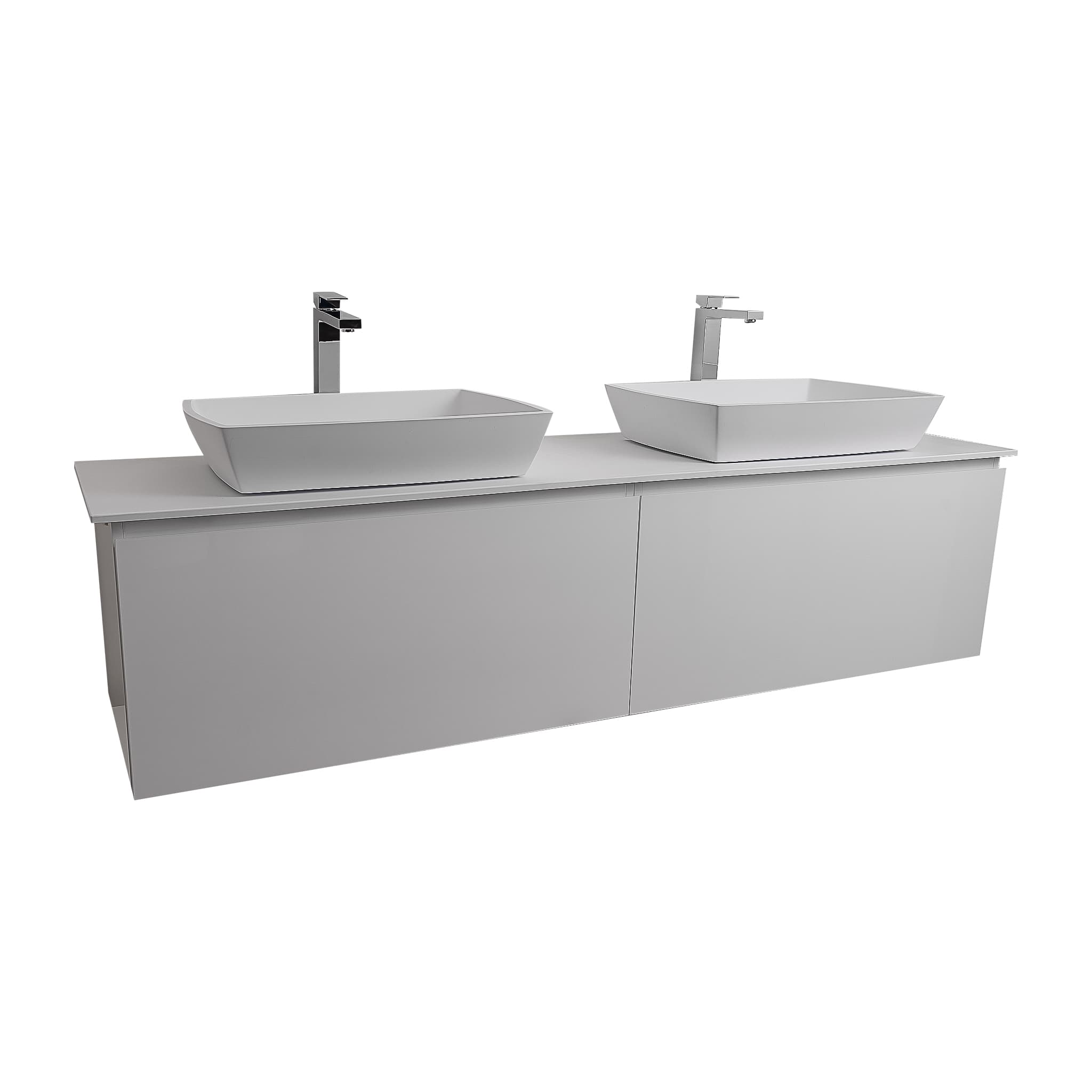 Venice 63 White High Gloss Cabinet, Solid Surface Flat White Counter And Two Square Solid Surface White Basin 1316, Wall Mounted Modern Vanity Set