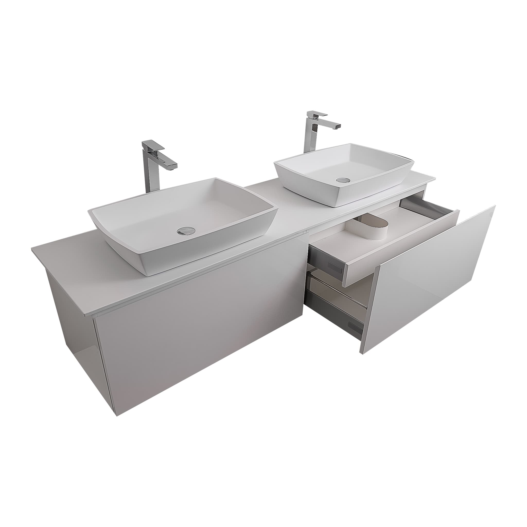 Venice 63 White High Gloss Cabinet, Solid Surface Flat White Counter And Two Square Solid Surface White Basin 1316, Wall Mounted Modern Vanity Set