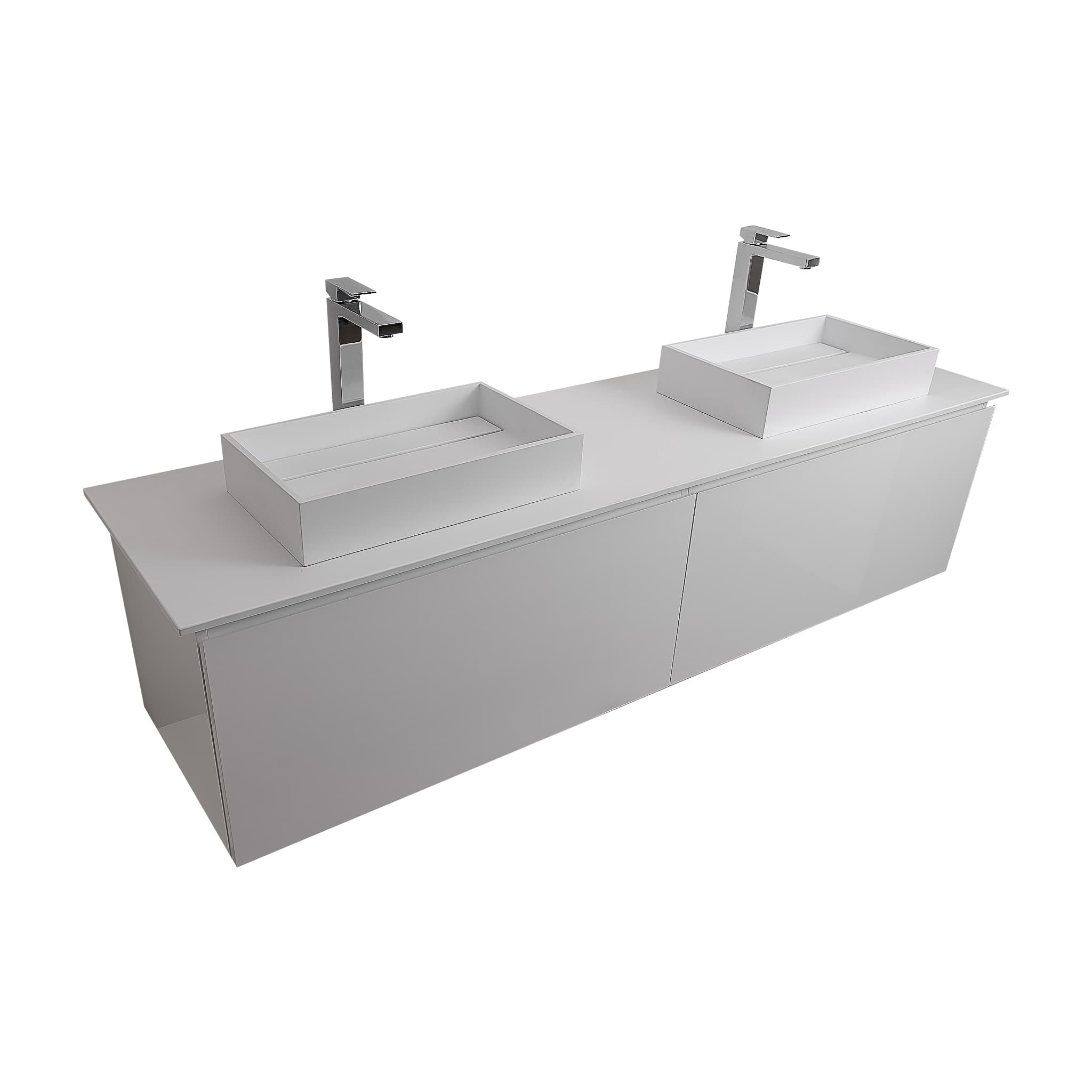 Venice 63 White High Gloss Cabinet, Solid Surface Flat White Counter And Two Two  Infinity Square Solid Surface White Basin 1329, Wall Mounted Modern Vanity Set