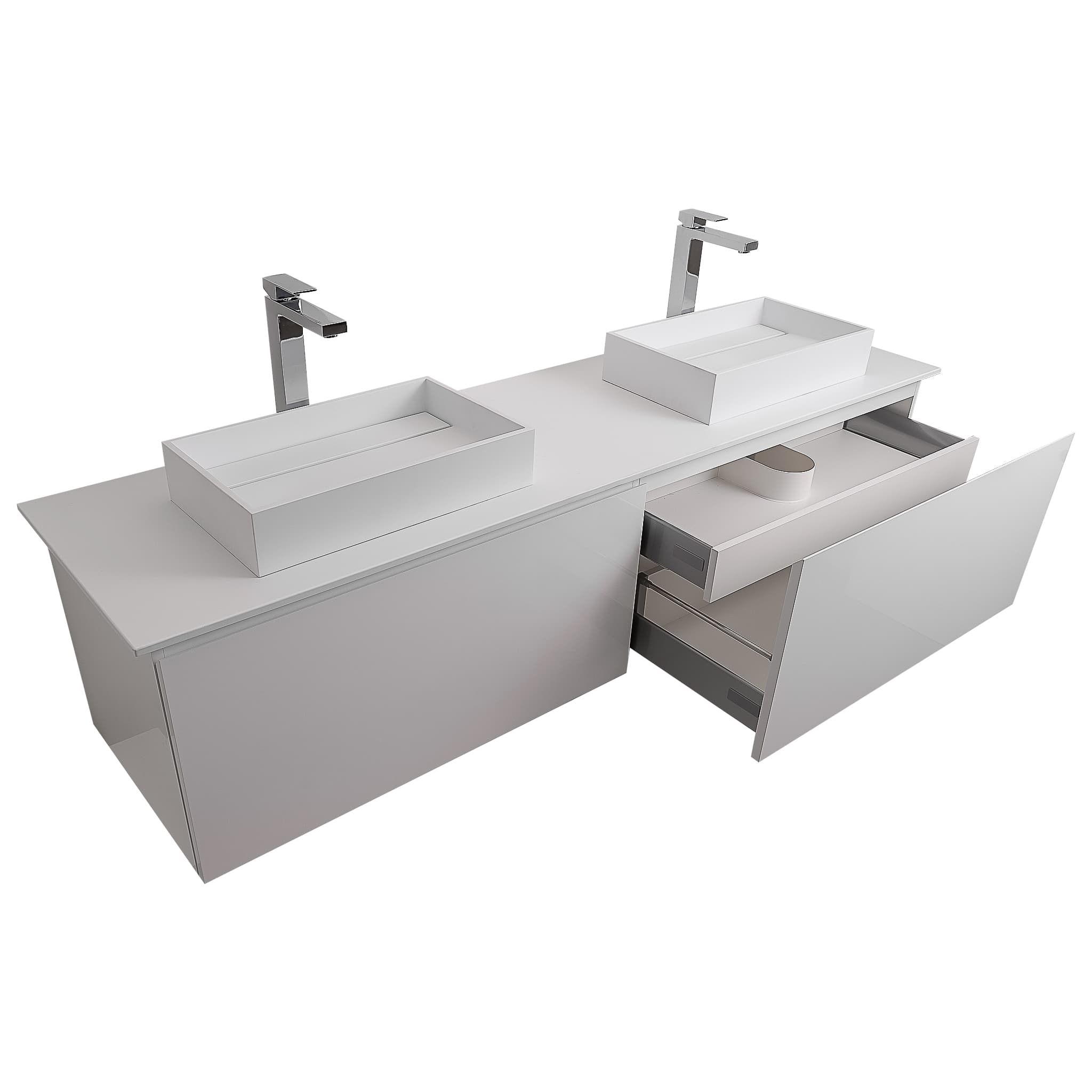 Venice 63 White High Gloss Cabinet, Solid Surface Flat White Counter And Two Two  Infinity Square Solid Surface White Basin 1329, Wall Mounted Modern Vanity Set