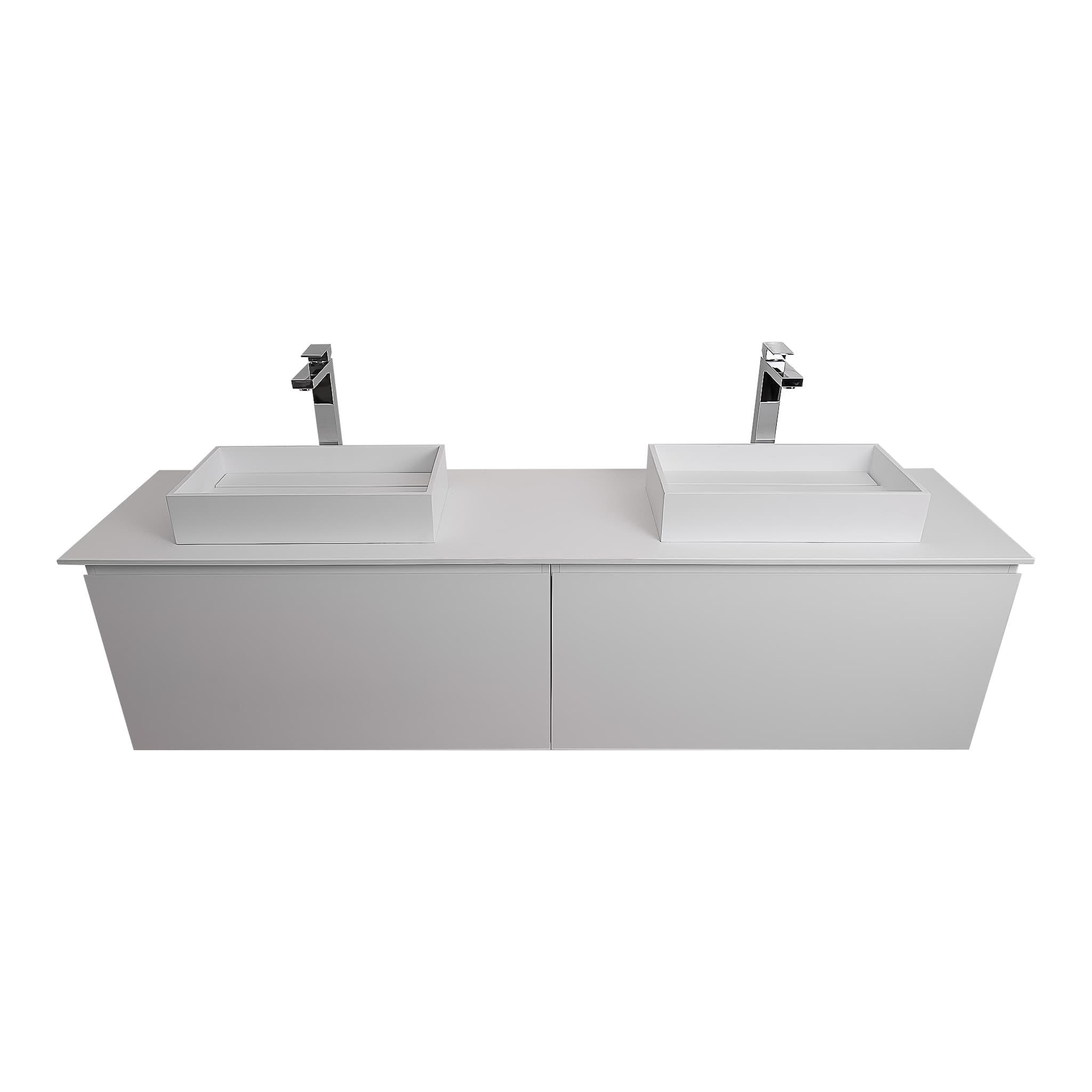 Venice 63 White High Gloss Cabinet, Solid Surface Flat White Counter And Two Two  Infinity Square Solid Surface White Basin 1329, Wall Mounted Modern Vanity Set