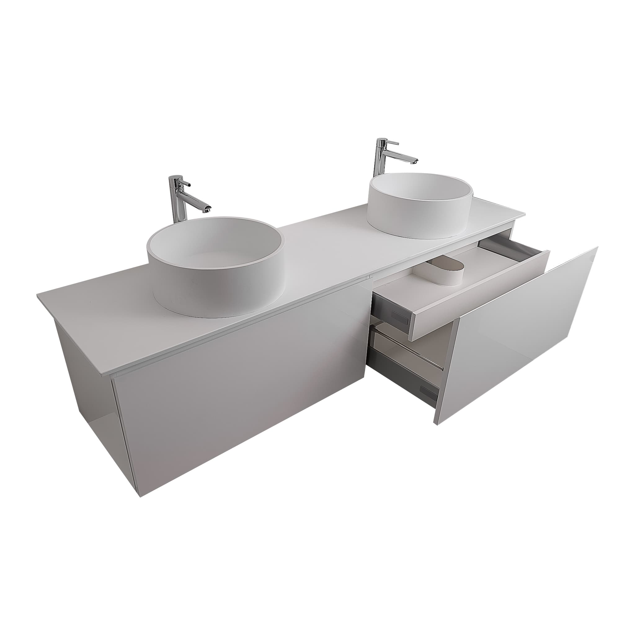 Venice 63 White High Gloss Cabinet, Solid Surface Flat White Counter And Two Round Solid Surface White Basin 1386, Wall Mounted Modern Vanity Set
