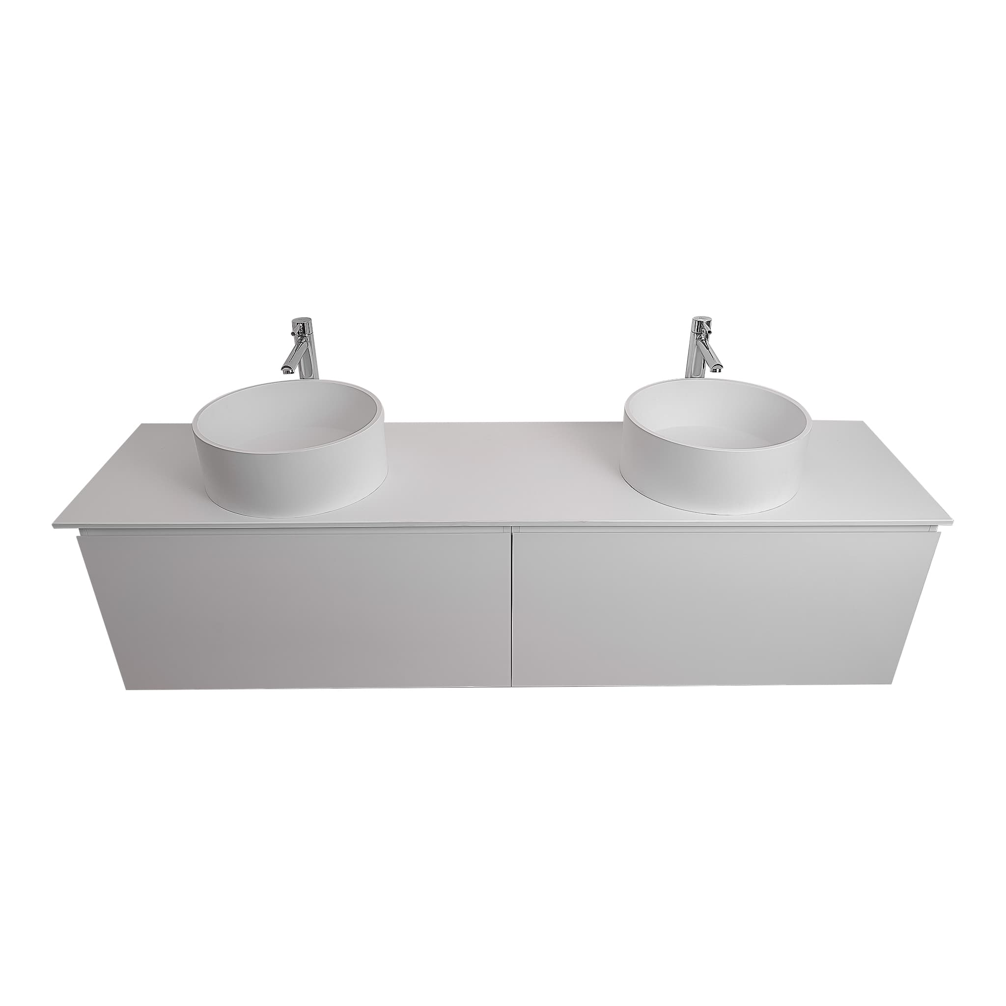 Venice 63 White High Gloss Cabinet, Solid Surface Flat White Counter And Two Round Solid Surface White Basin 1386, Wall Mounted Modern Vanity Set