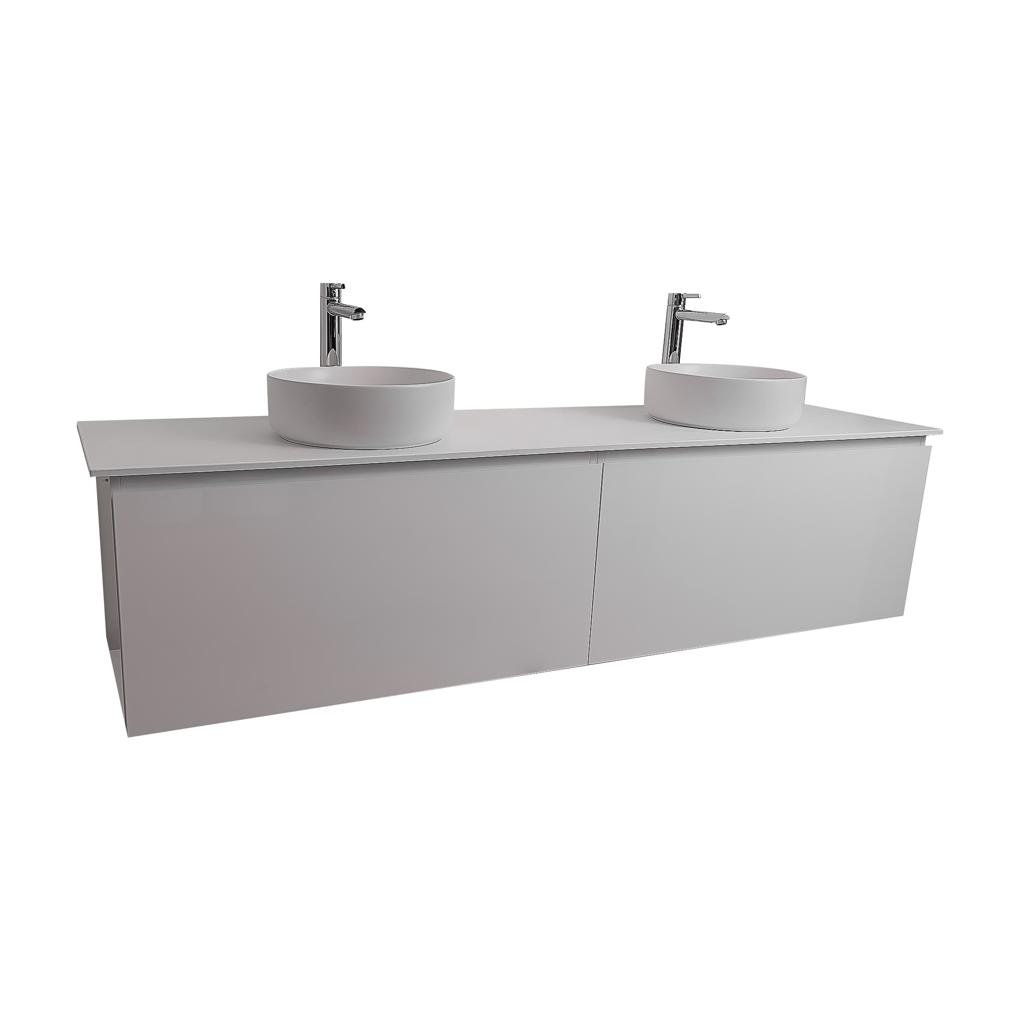 Venice 63 White High Gloss Cabinet, Ares White Top And Two Ares White Ceramic Basin, Wall Mounted Modern Vanity Set