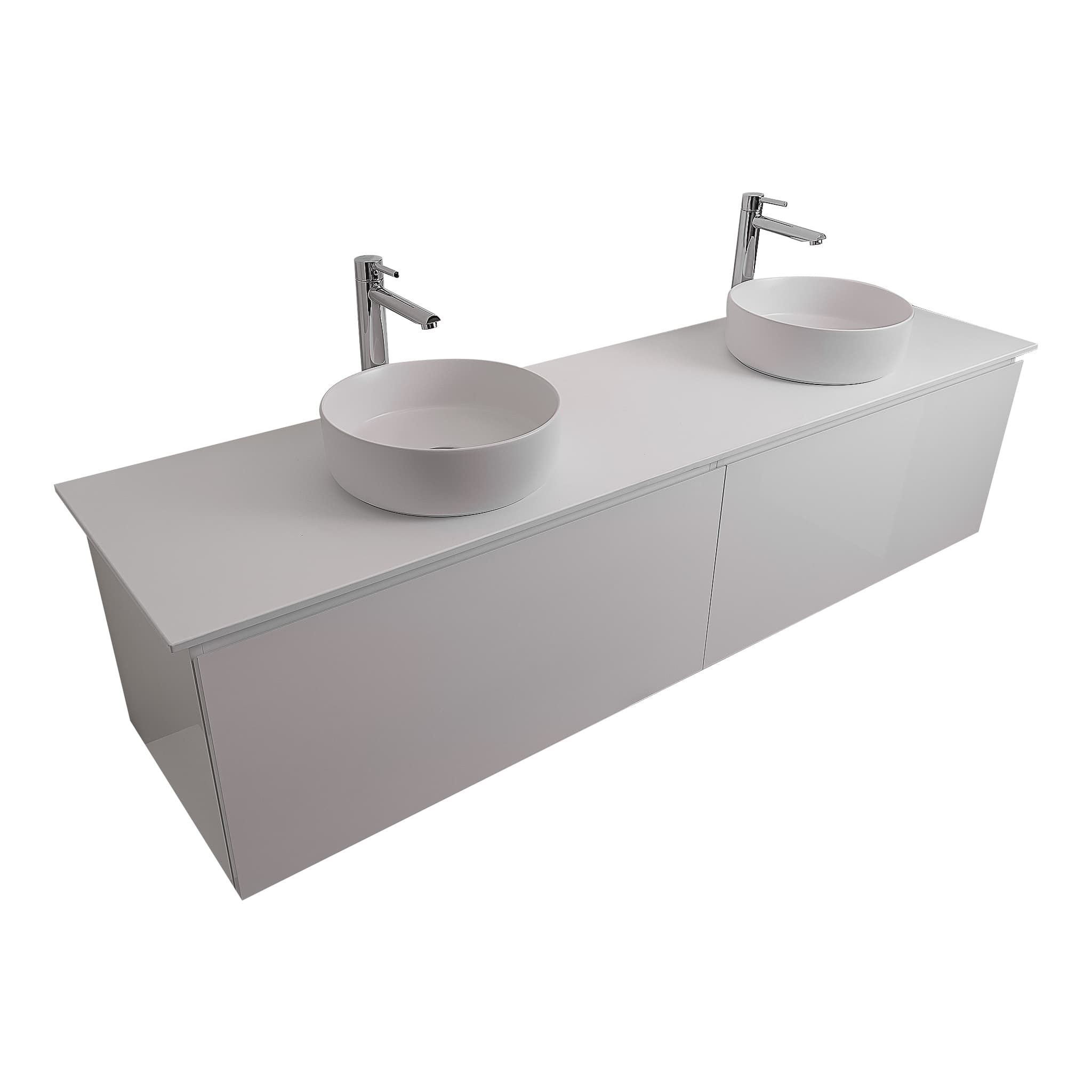 Venice 63 White High Gloss Cabinet, Ares White Top And Two Ares White Ceramic Basin, Wall Mounted Modern Vanity Set