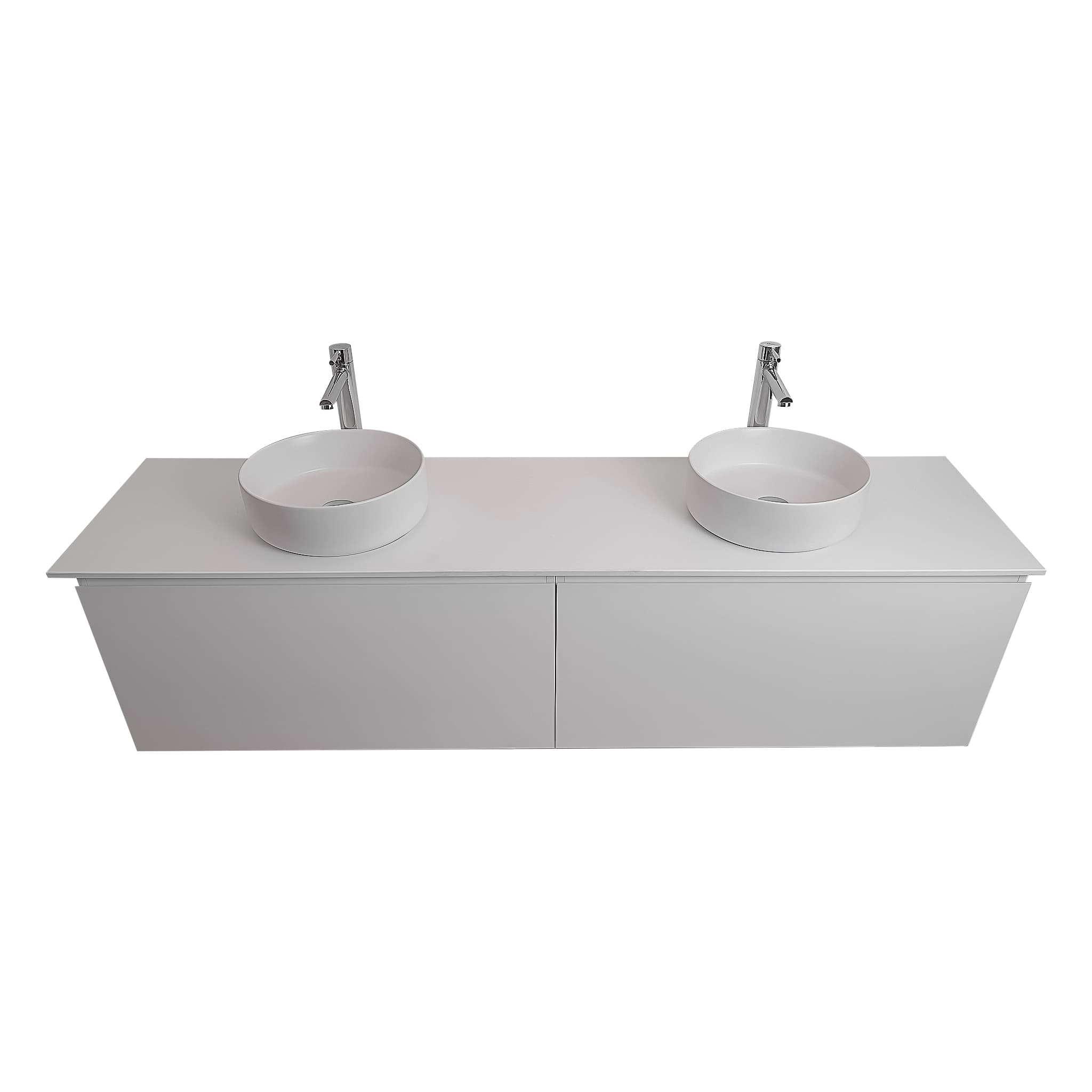 Venice 63 White High Gloss Cabinet, Ares White Top And Two Ares White Ceramic Basin, Wall Mounted Modern Vanity Set