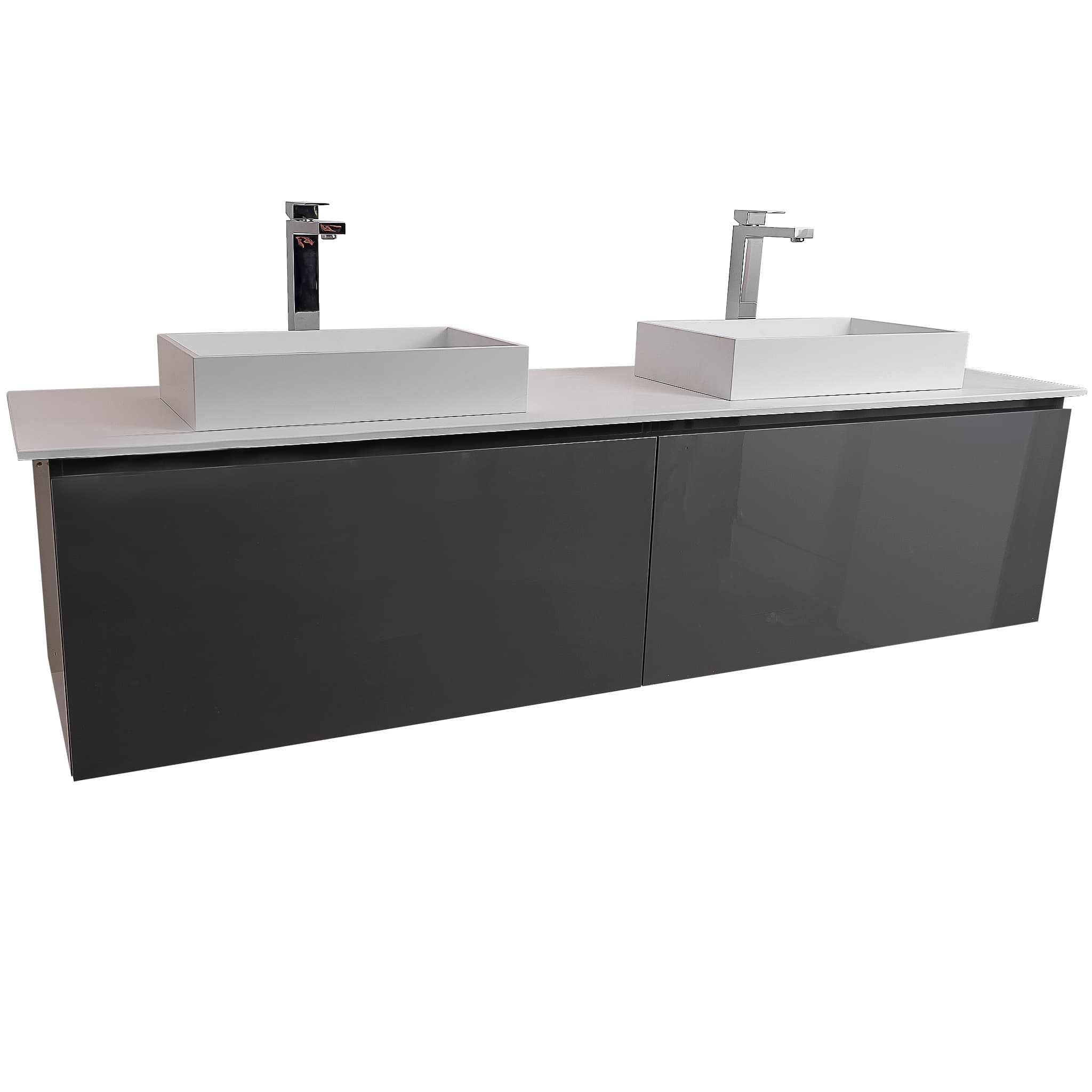 Venice 72 Anthracite High Gloss Cabinet, Solid Surface Flat White Counter And Two Two Infinity Square Solid Surface White Basin 1329, Wall Mounted Modern Vanity Set