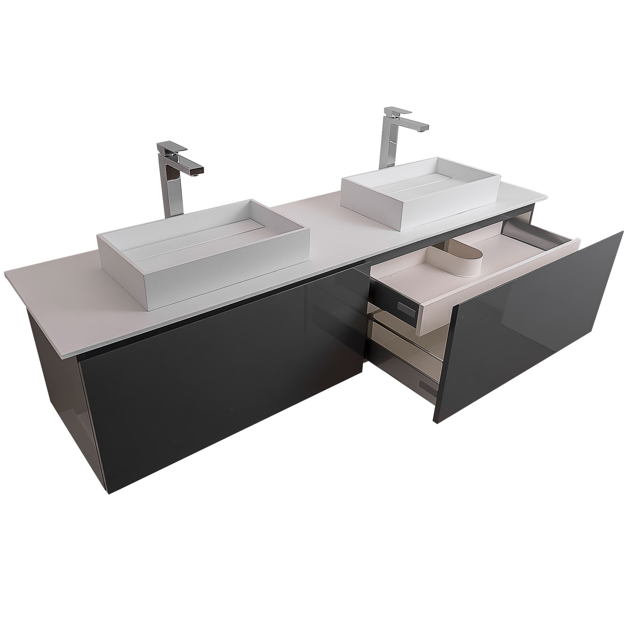 Venice 72 Anthracite High Gloss Cabinet, Solid Surface Flat White Counter And Two Two Infinity Square Solid Surface White Basin 1329, Wall Mounted Modern Vanity Set