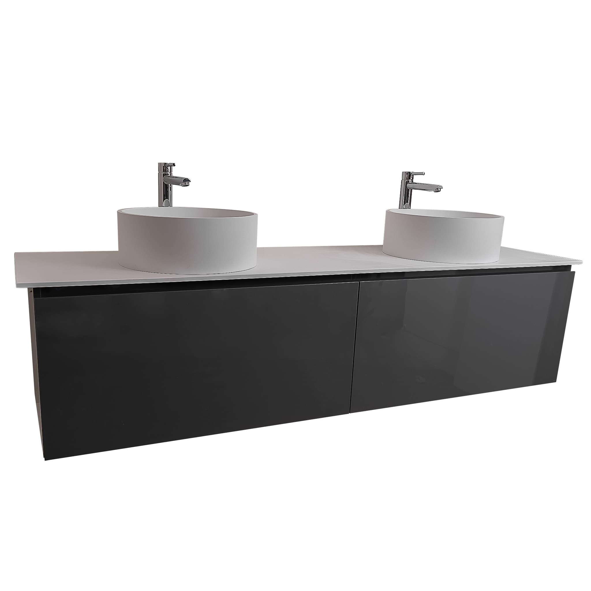 Venice 72 Anthracite High Gloss Cabinet, Solid Surface Flat White Counter And Two Round Solid Surface White Basin 1386, Wall Mounted Modern Vanity Set