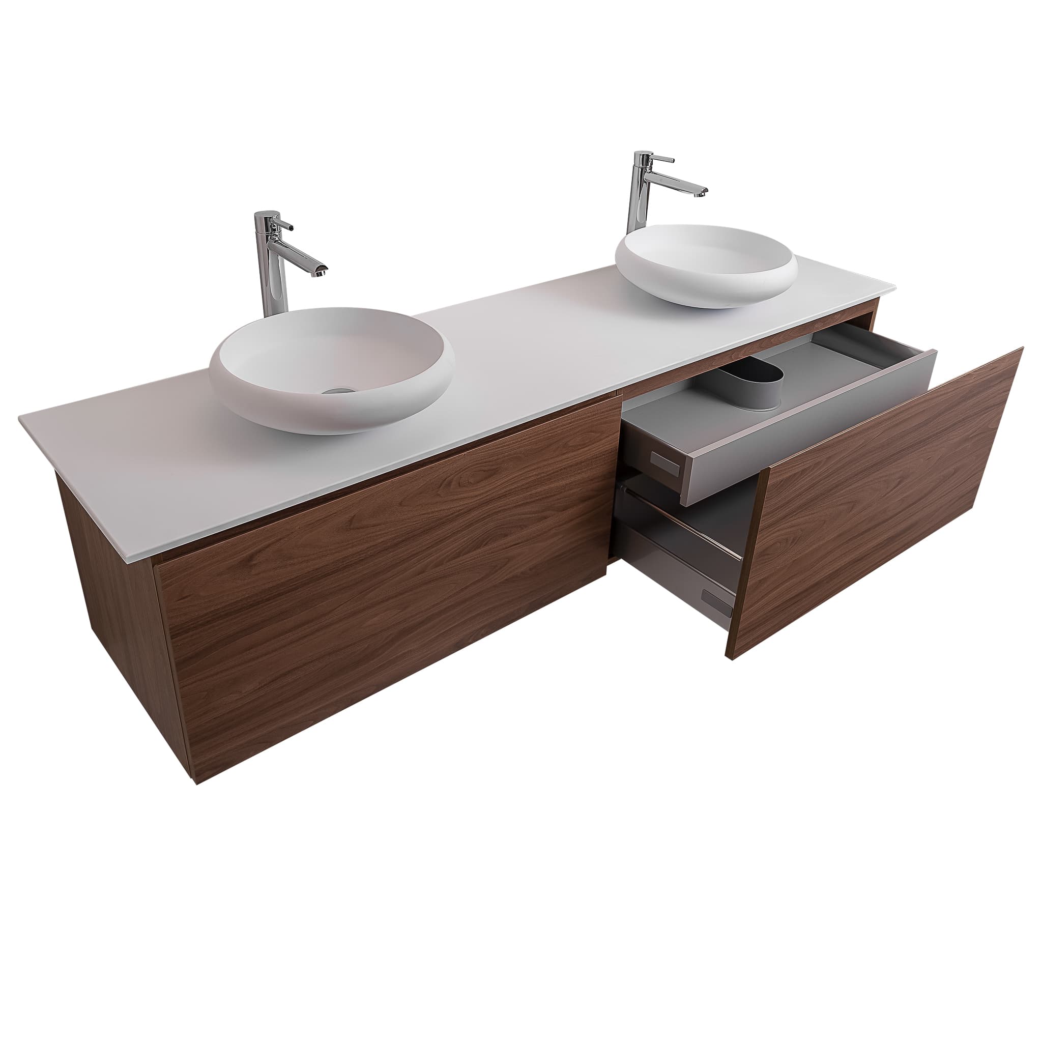 Venice 72 Walnut Wood Texture Cabinet, Solid Surface Flat White Counter And Two Round Solid Surface White Basin 1153, Wall Mounted Modern Vanity Set
