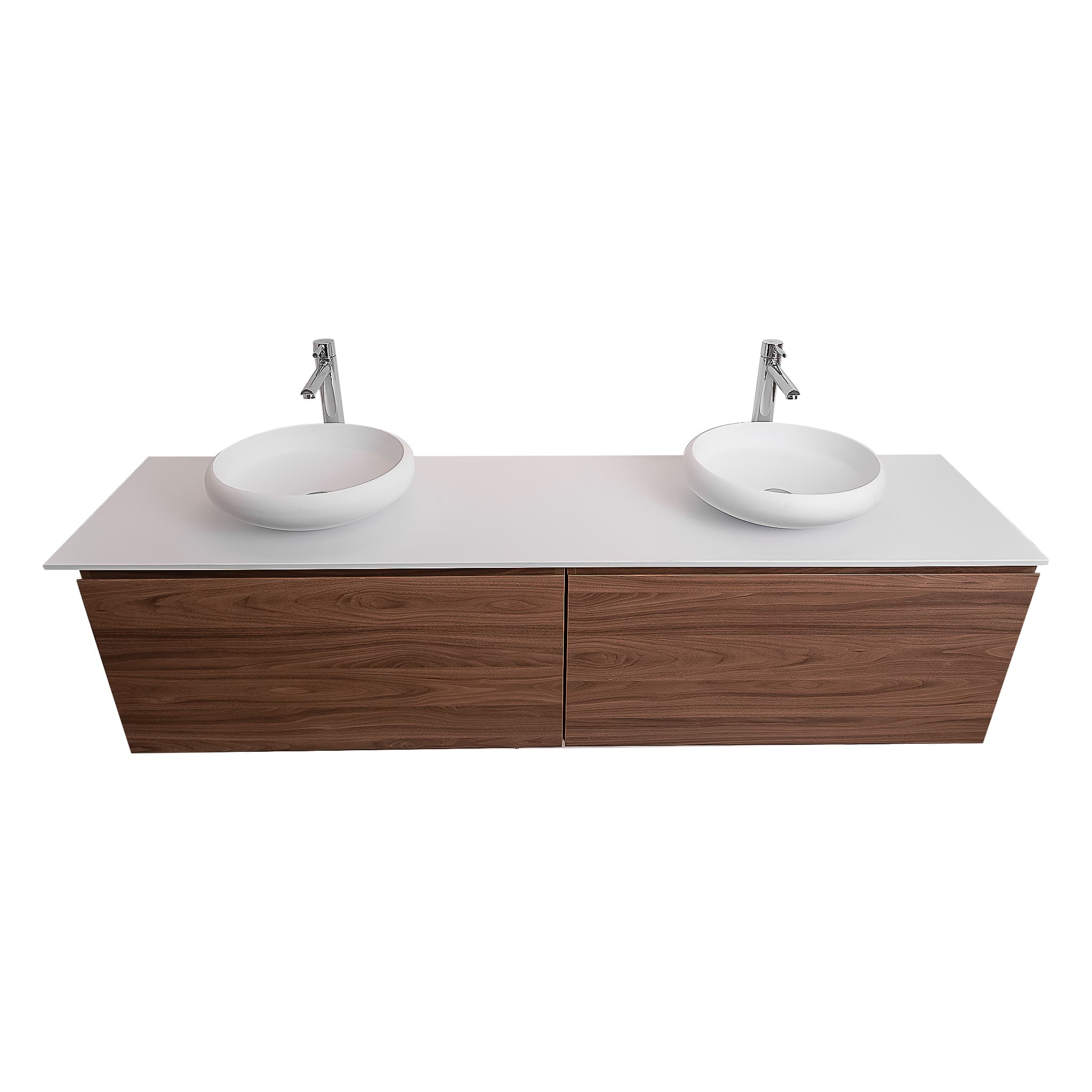 Venice 72 Walnut Wood Texture Cabinet, Solid Surface Flat White Counter And Two Round Solid Surface White Basin 1153, Wall Mounted Modern Vanity Set