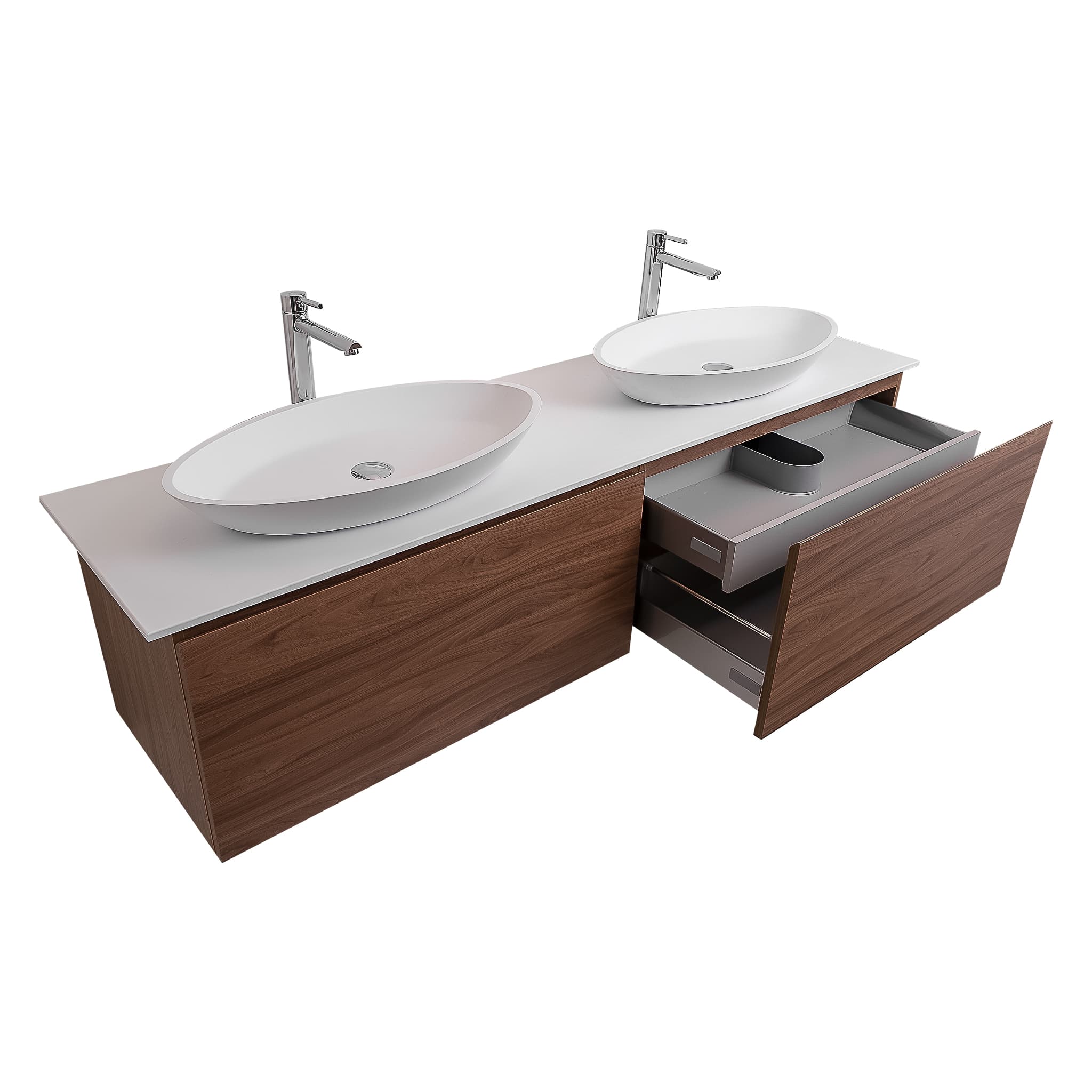 Venice 72 Walnut Wood Texture Cabinet, Solid Surface Flat White Counter And Two Oval Solid Surface White Basin 1305, Wall Mounted Modern Vanity Set