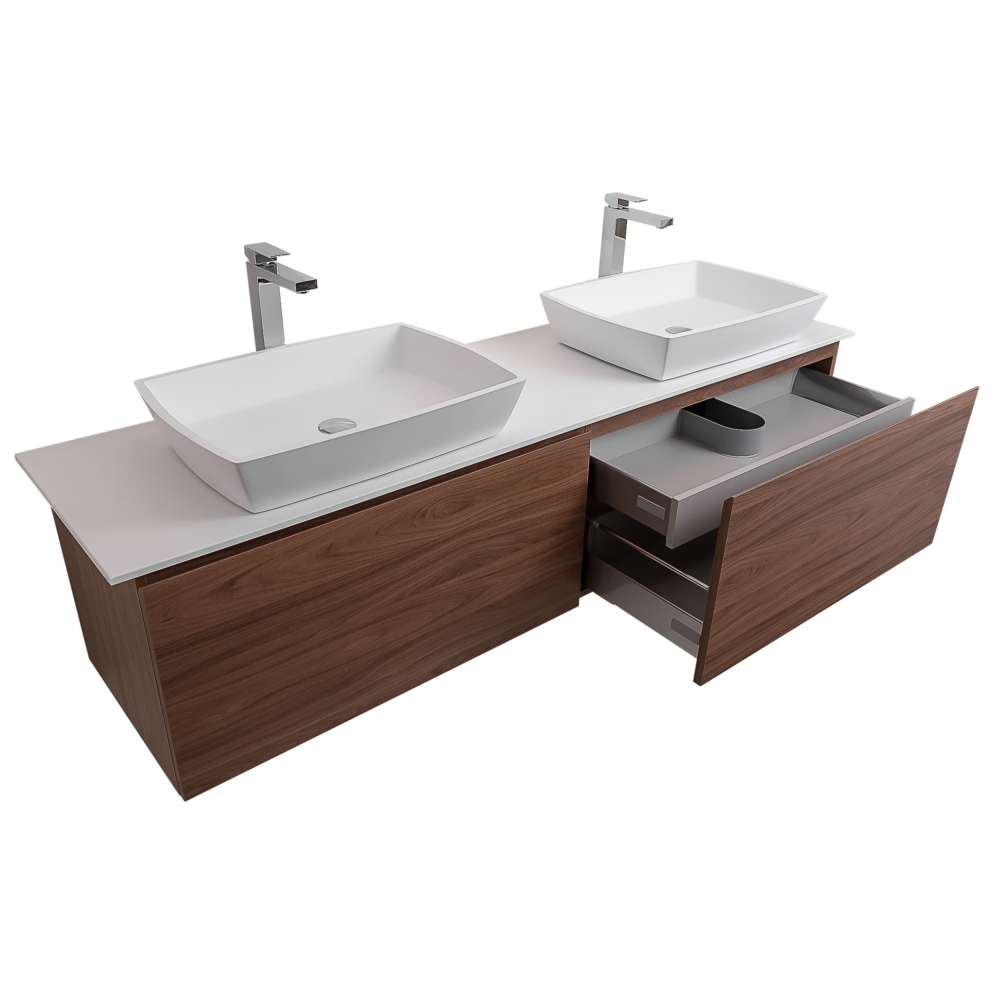 Venice 72 Walnut Wood Texture Cabinet, Solid Surface Flat White Counter And Two Square Solid Surface White Basin 1316, Wall Mounted Modern Vanity Set