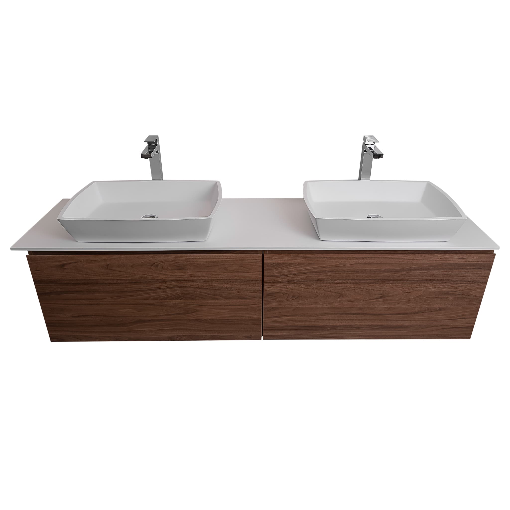 Venice 72 Walnut Wood Texture Cabinet, Solid Surface Flat White Counter And Two Square Solid Surface White Basin 1316, Wall Mounted Modern Vanity Set