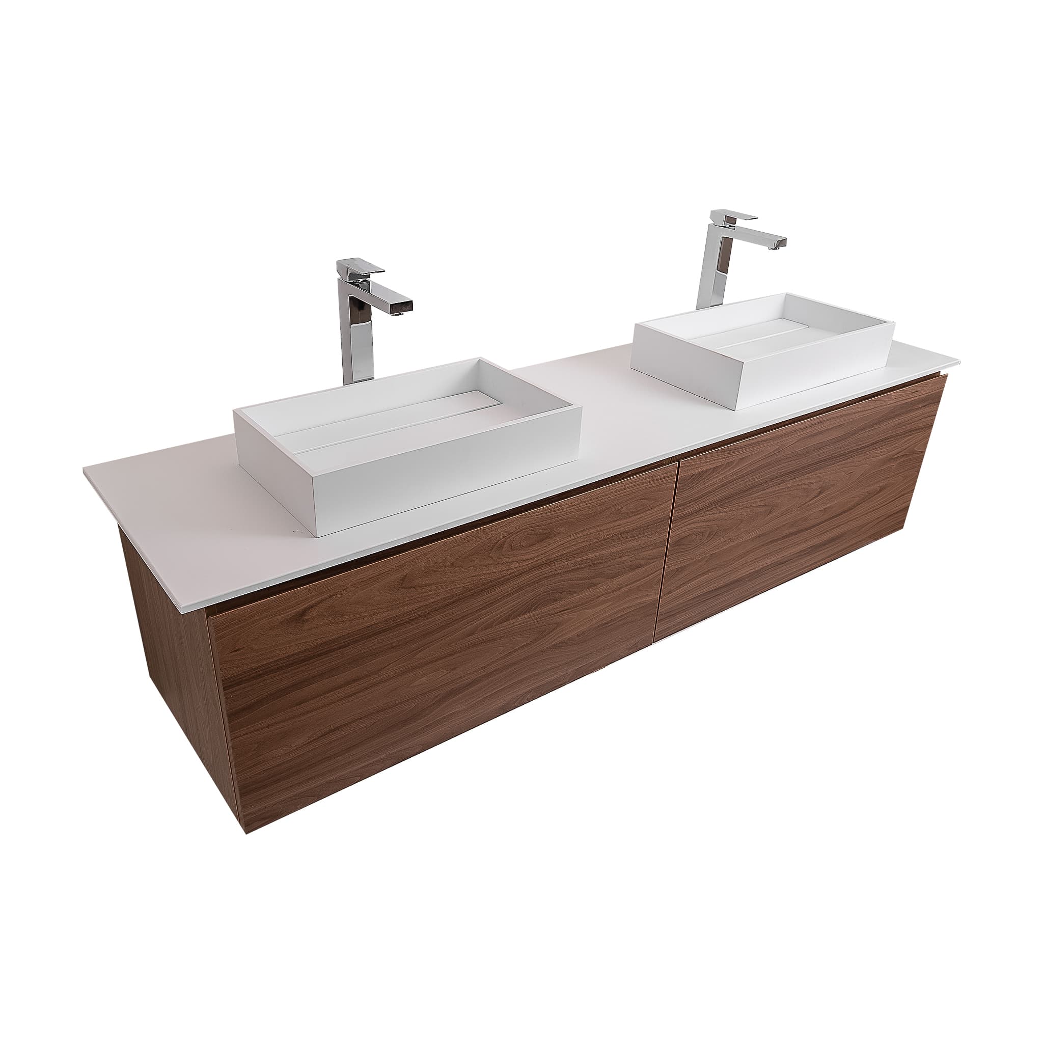 Venice 72 Walnut Wood Texture Cabinet, Solid Surface Flat White Counter And Two Two Infinity Square Solid Surface White Basin 1329, Wall Mounted Modern Vanity Set