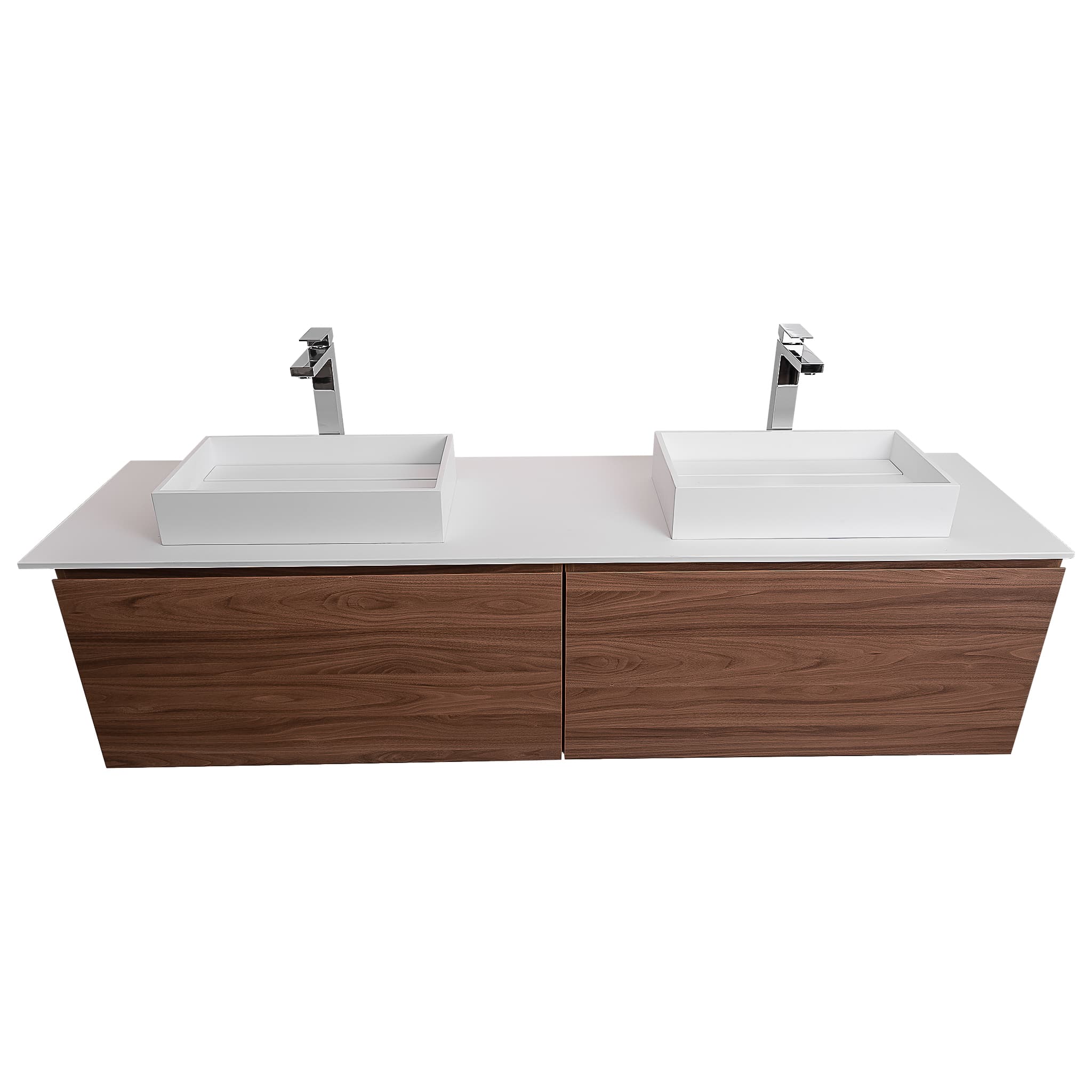 Venice 72 Walnut Wood Texture Cabinet, Solid Surface Flat White Counter And Two Two Infinity Square Solid Surface White Basin 1329, Wall Mounted Modern Vanity Set