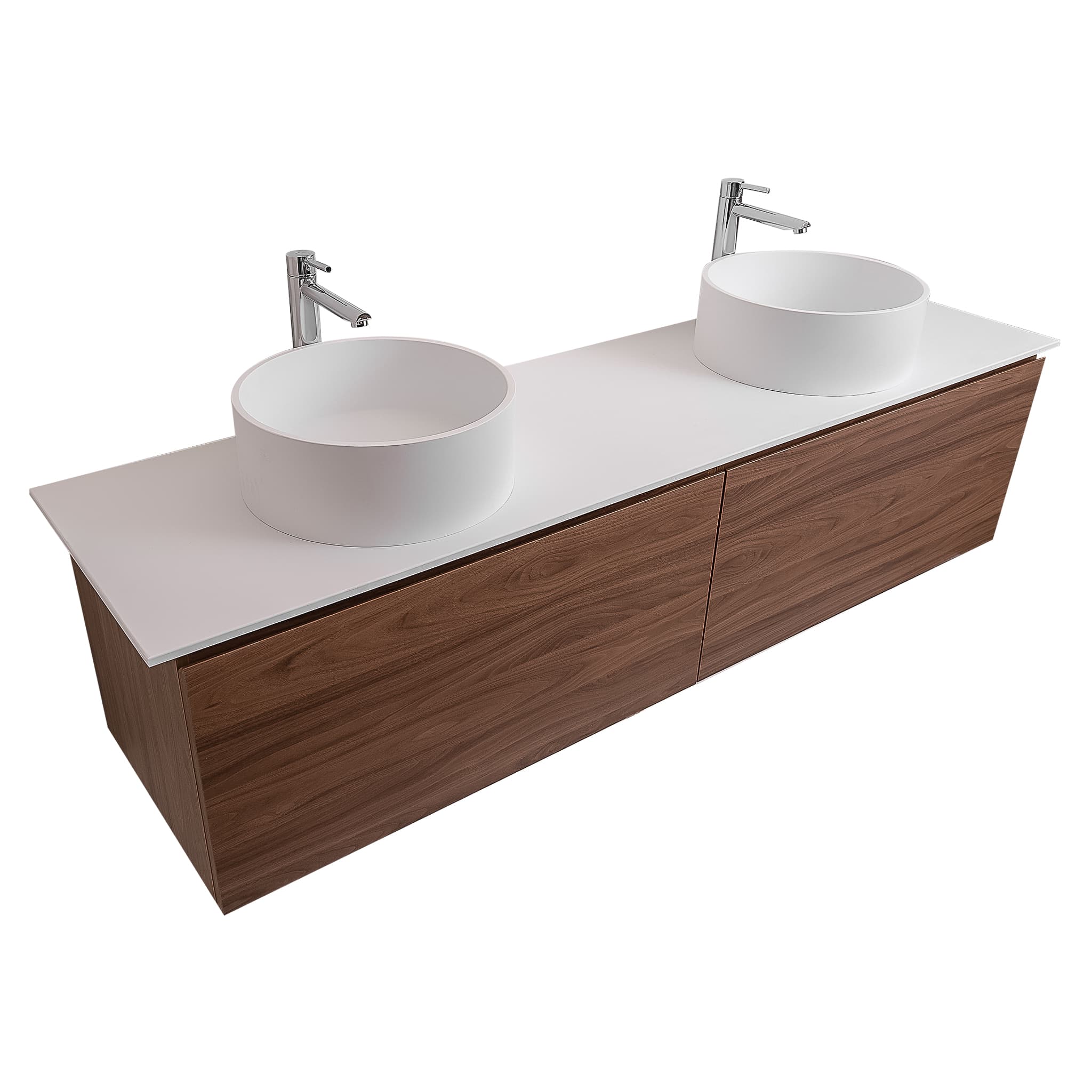 Venice 72 Walnut Wood Texture Cabinet, Solid Surface Flat White Counter And Two Round Solid Surface White Basin 1386, Wall Mounted Modern Vanity Set