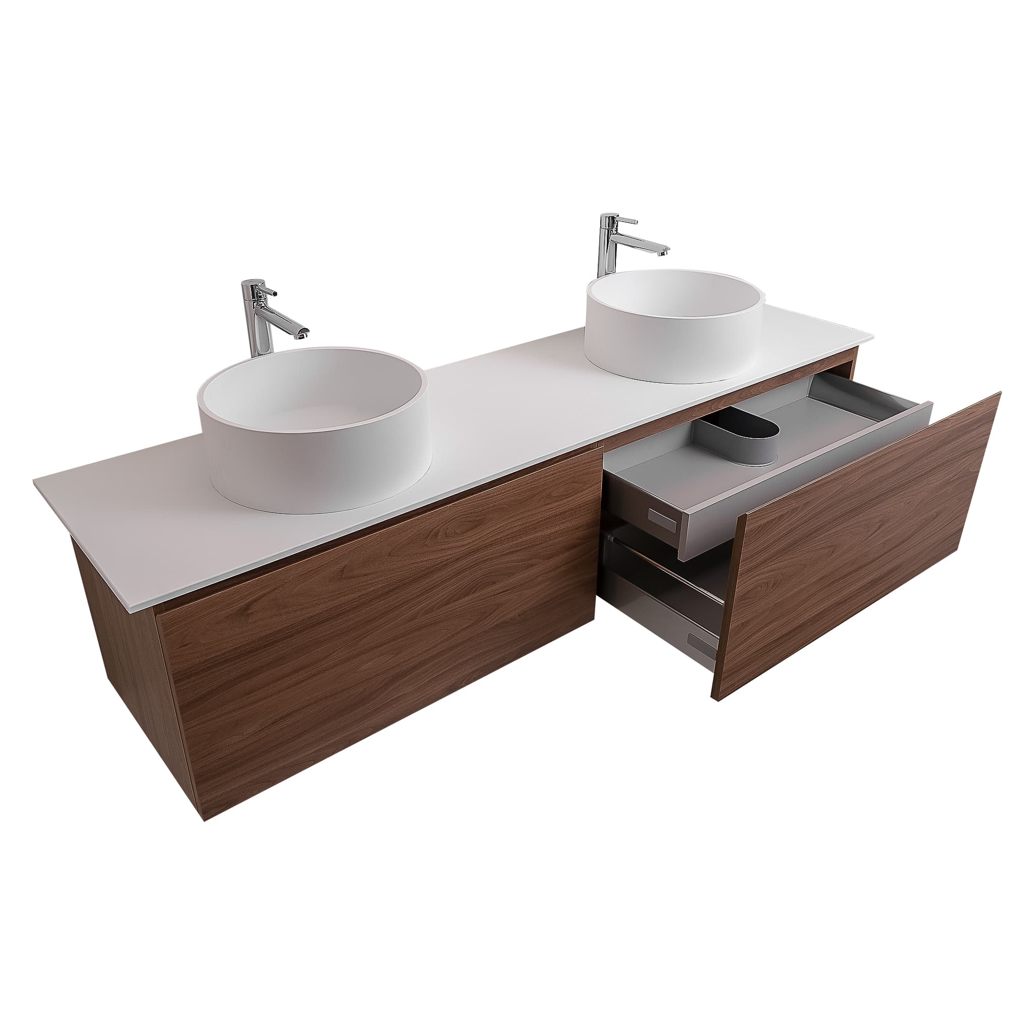 Venice 72 Walnut Wood Texture Cabinet, Solid Surface Flat White Counter And Two Round Solid Surface White Basin 1386, Wall Mounted Modern Vanity Set