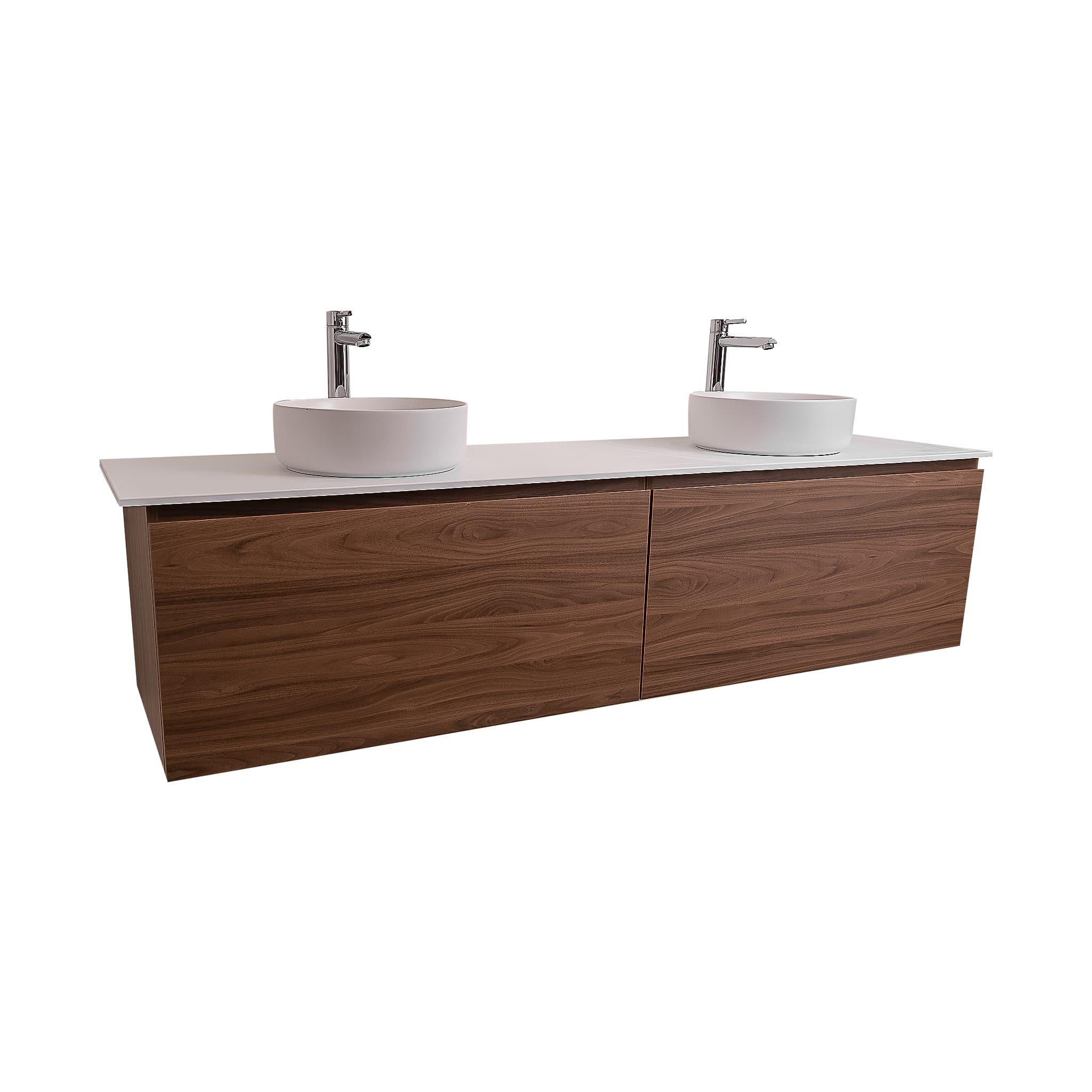 Venice 72 Walnut Wood Texture Cabinet, Ares White Top And Two Ares White Ceramic Basin, Wall Mounted Modern Vanity Set